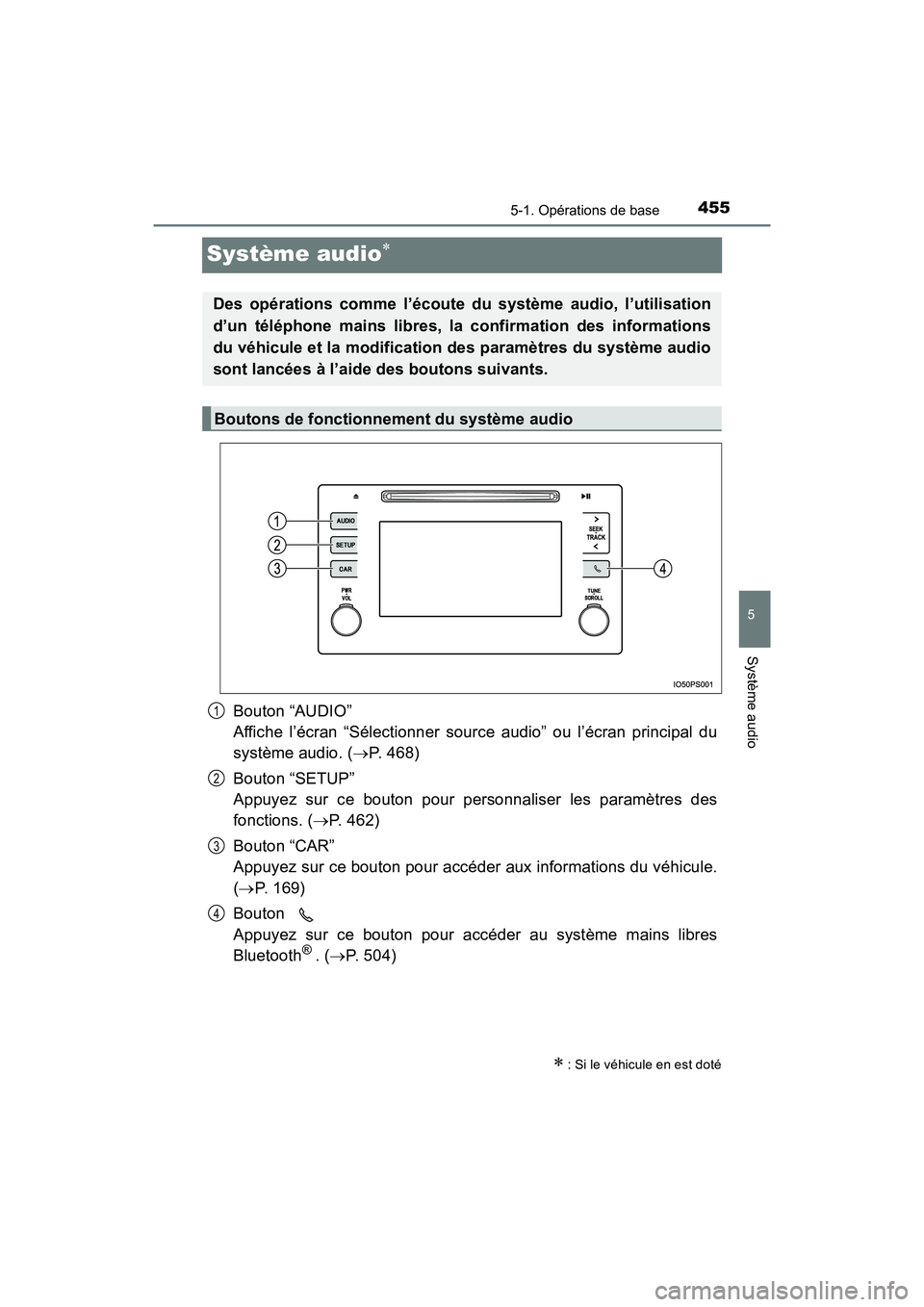 TOYOTA PRIUS 2019  Manuel du propriétaire (in French) 455
PRIUS_OM_OM47C35D_(D)
5-1. Opérations de base
5
Système audio
Système audio
Bouton “AUDIO” 
Affiche l’écran “Sélectionner source audio” ou l’écran principal du
système audio.