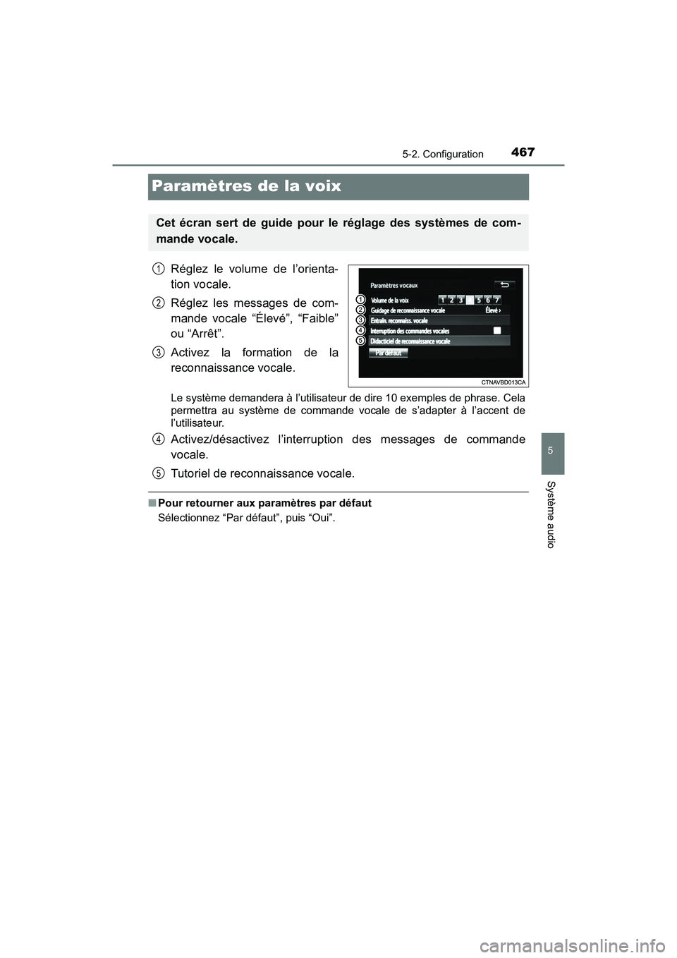 TOYOTA PRIUS 2019  Manuel du propriétaire (in French) 467
PRIUS_OM_OM47C35D_(D)
5-2. Configuration
5
Système audio
Paramètres de la voix
Réglez le volume de l’orienta-
tion vocale.
Réglez les messages de com-
mande vocale “Élevé”, “Faible