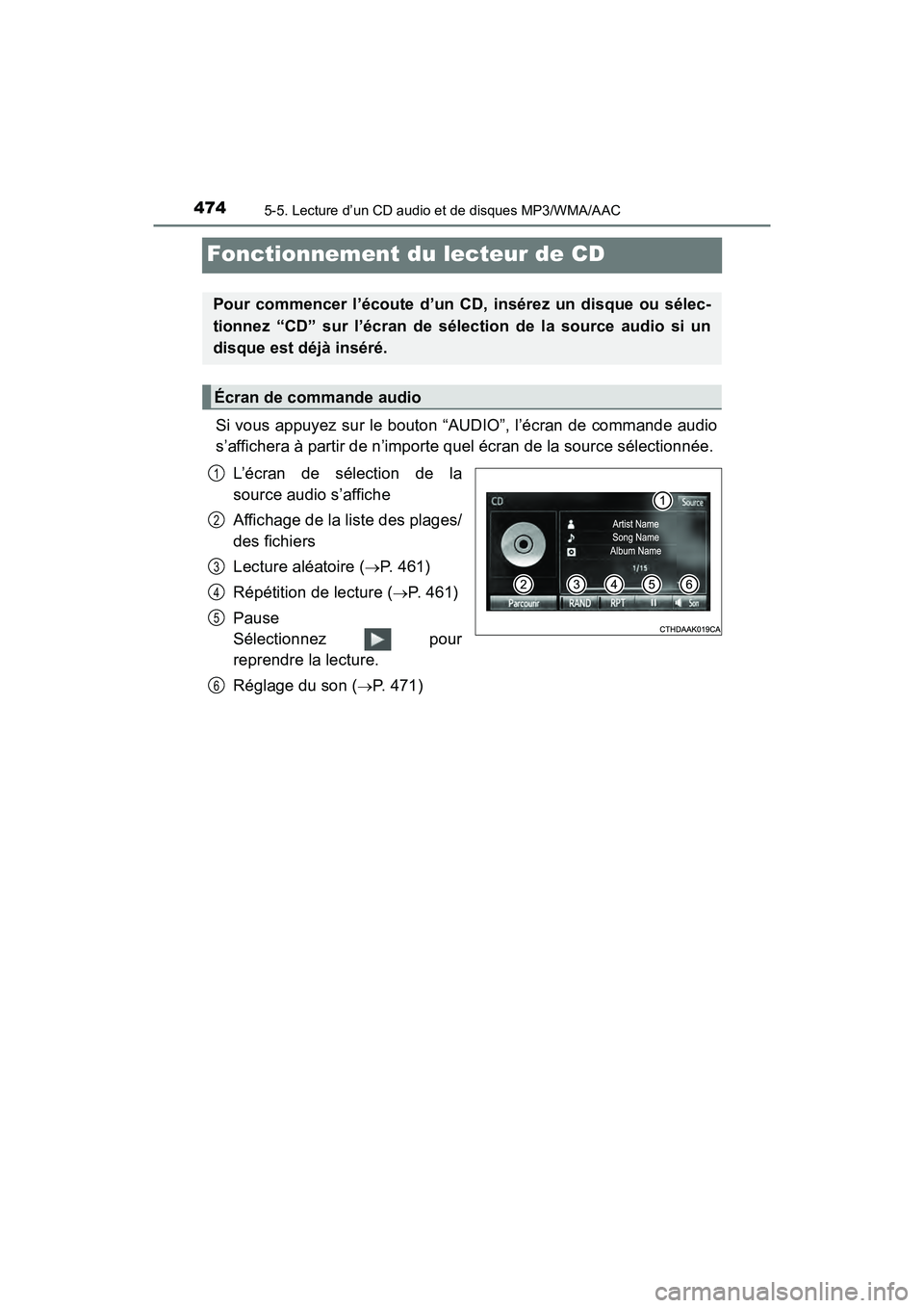 TOYOTA PRIUS 2019  Manuel du propriétaire (in French) 474
PRIUS_OM_OM47C35D_(D)
5-5. Lecture d’un CD audio et de disques MP3/WMA/AAC
Fonctionnement du lecteur de CD
Si vous appuyez sur le bouton “AUDIO”, l’écran de commande audio
s’affichera 