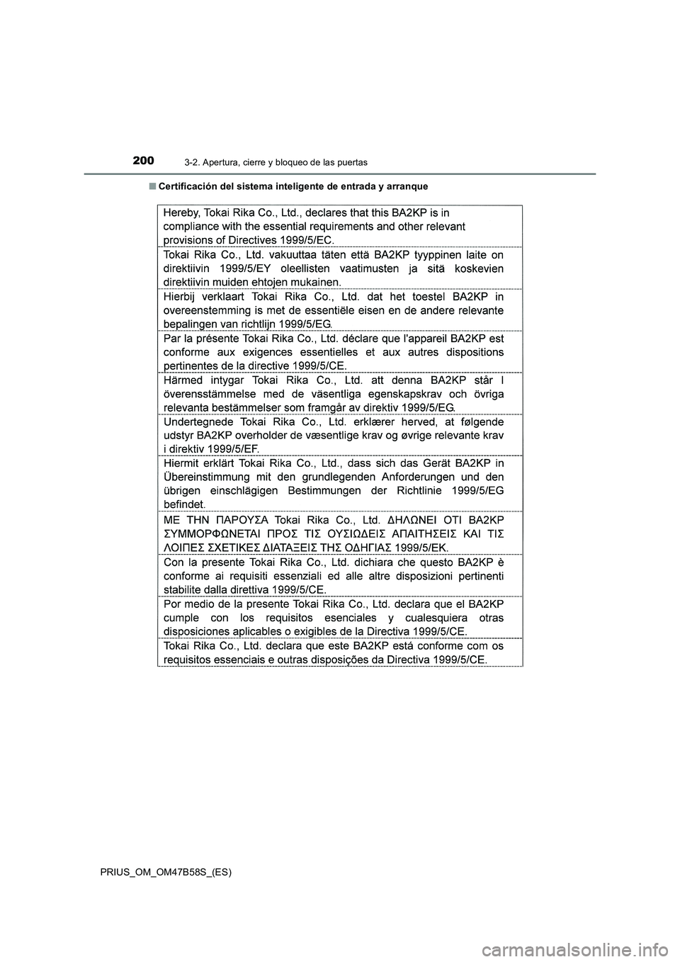 TOYOTA PRIUS 2017  Manual del propietario (in Spanish) 2003-2. Apertura, cierre y bloqueo de las puertas
PRIUS_OM_OM47B58S_(ES)■
Certificación del sistema inteligente de entrada y arranque 