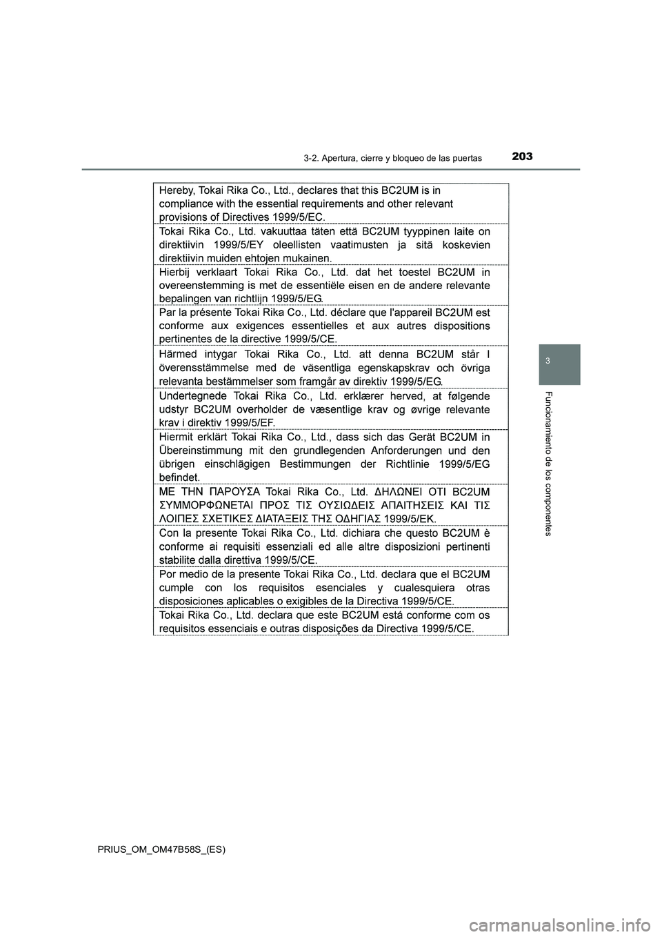 TOYOTA PRIUS 2017  Manual del propietario (in Spanish) 2033-2. Apertura, cierre y bloqueo de las puertas
3
Funcionamiento de los componentes
PRIUS_OM_OM47B58S_(ES) 