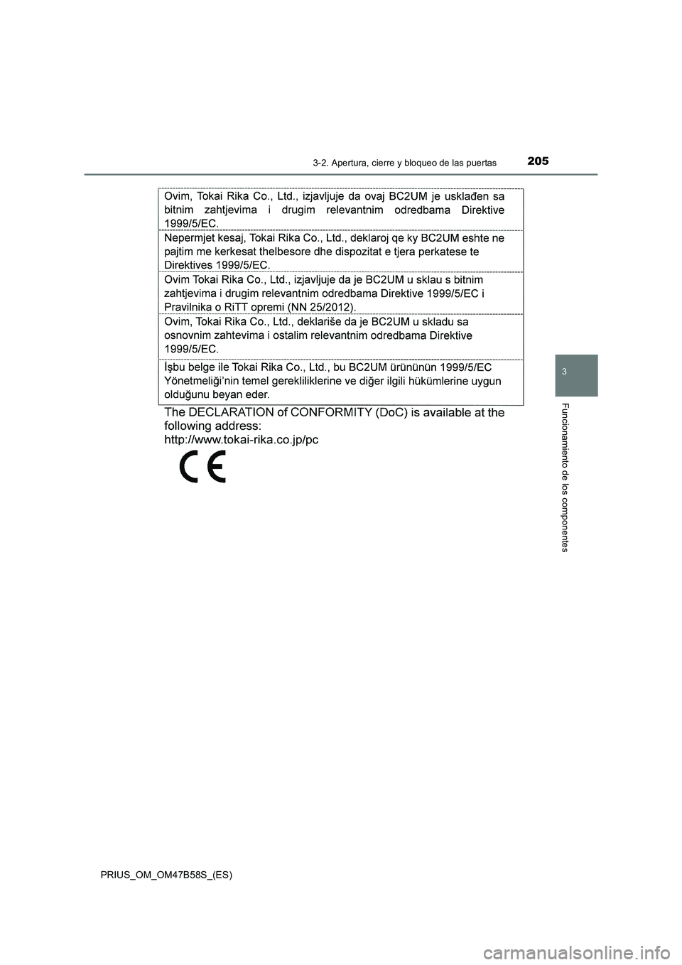 TOYOTA PRIUS 2017  Manual del propietario (in Spanish) 2053-2. Apertura, cierre y bloqueo de las puertas
3
Funcionamiento de los componentes
PRIUS_OM_OM47B58S_(ES) 