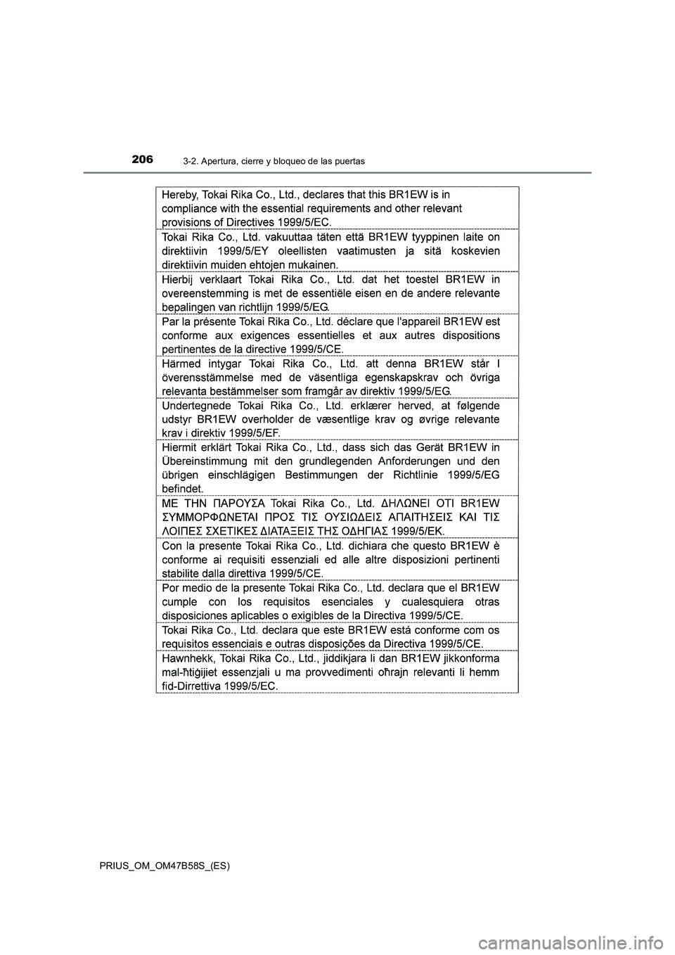 TOYOTA PRIUS 2017  Manual del propietario (in Spanish) 2063-2. Apertura, cierre y bloqueo de las puertas
PRIUS_OM_OM47B58S_(ES) 