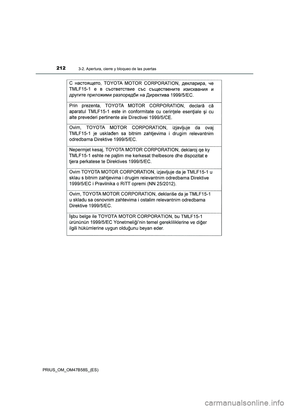 TOYOTA PRIUS 2017  Manual del propietario (in Spanish) 2123-2. Apertura, cierre y bloqueo de las puertas
PRIUS_OM_OM47B58S_(ES) 