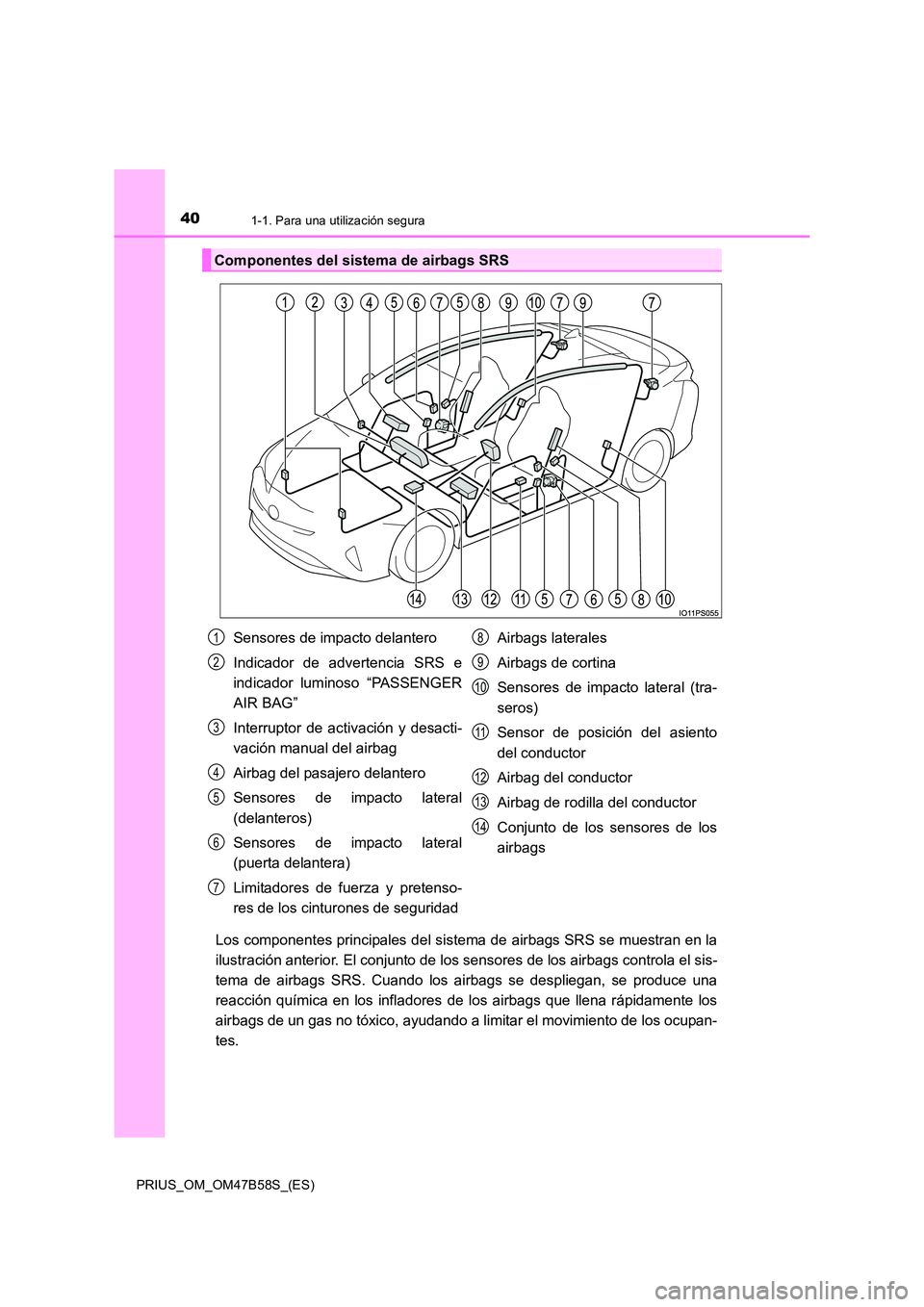 TOYOTA PRIUS 2017 Manual del propietario (in Spanish) 401-1. Para una utilización segura
PRIUS_OM_OM47B58S_(ES)
Los componentes principales del sistema de airbags SRS se muestran en la
ilustración anterior. El conjunto de los sensores de los airbags co TOYOTA PRIUS 2017 Manual del propietario (in Spanish) 401-1. Para una utilización segura
PRIUS_OM_OM47B58S_(ES)
Los componentes principales del sistema de airbags SRS se muestran en la
ilustración anterior. El conjunto de los sensores de los airbags co