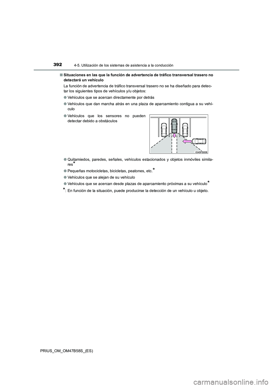 TOYOTA PRIUS 2017  Manual del propietario (in Spanish) 3924-5. Utilización de los sistemas de asistencia a la conducción
PRIUS_OM_OM47B58S_(ES)■
Situaciones en las que la función de advertencia de tráfico transversal trasero no
detectará un vehícu