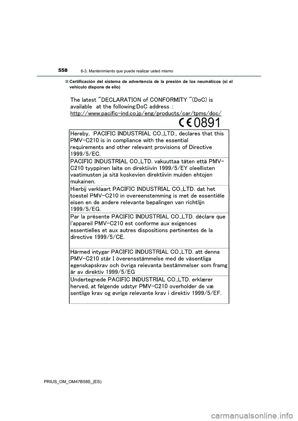 TOYOTA PRIUS 2017  Manual del propietario (in Spanish) 5586-3. Mantenimiento que puede realizar usted mismo
PRIUS_OM_OM47B58S_(ES)■
Certificación del sistema de advertencia de la presión de los neumáticos (si el
vehículo dispone de ello) 