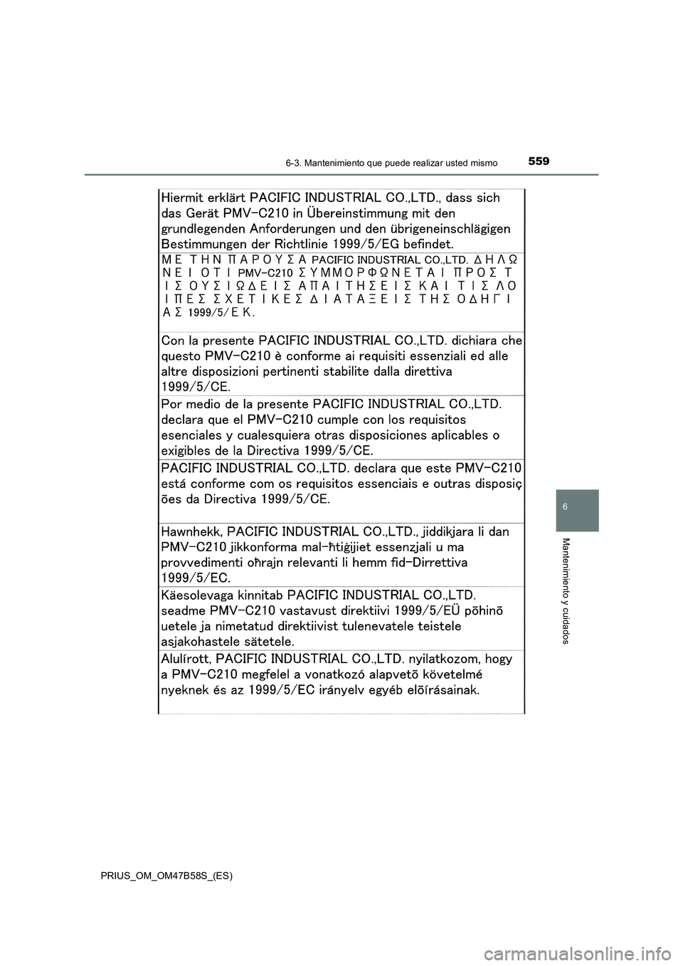 TOYOTA PRIUS 2017  Manual del propietario (in Spanish) 5596-3. Mantenimiento que puede realizar usted mismo
PRIUS_OM_OM47B58S_(ES)
6
Mantenimiento y cuidados 