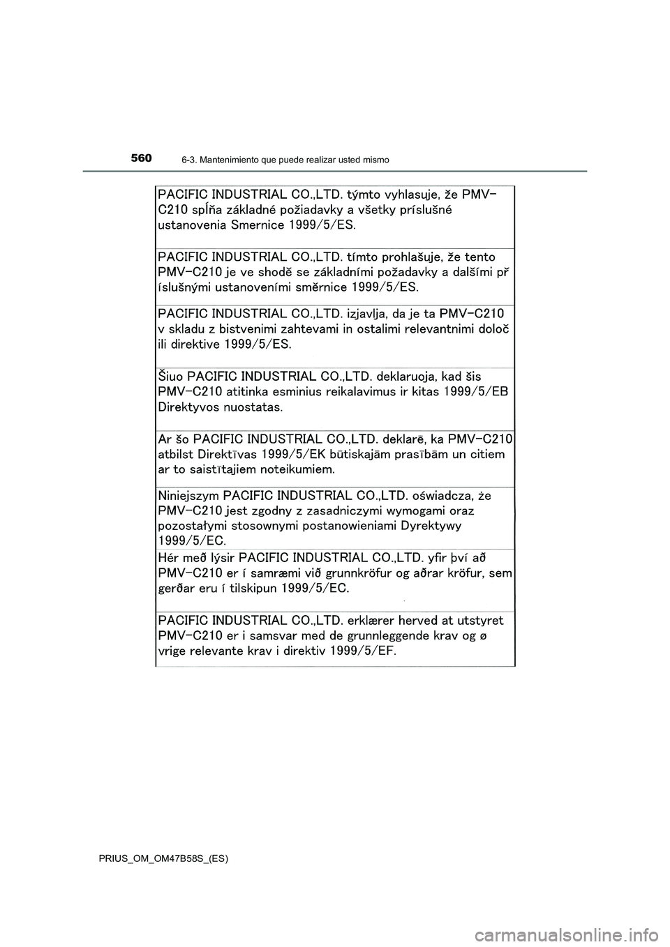 TOYOTA PRIUS 2017  Manual del propietario (in Spanish) 5606-3. Mantenimiento que puede realizar usted mismo
PRIUS_OM_OM47B58S_(ES) 