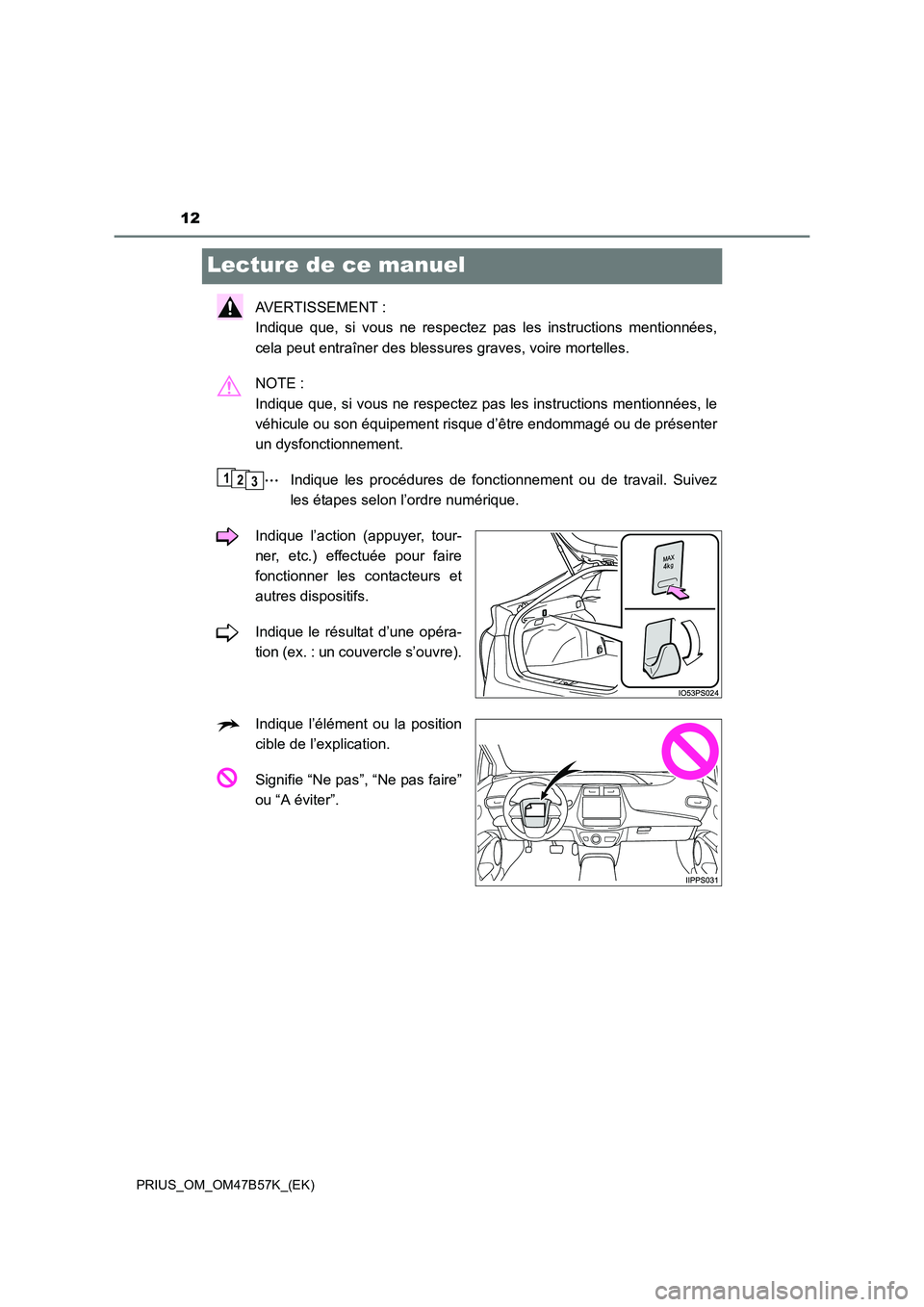 TOYOTA PRIUS 2017  Manuel du propriétaire (in French) 12
PRIUS_OM_OM47B57K_(EK)
Lecture de ce manuel
AVERTISSEMENT : 
Indique que, si vous ne respectez pas les instructions mentionnées,
cela peut entraîner des blessures graves, voire mortelles.
NOTE : 