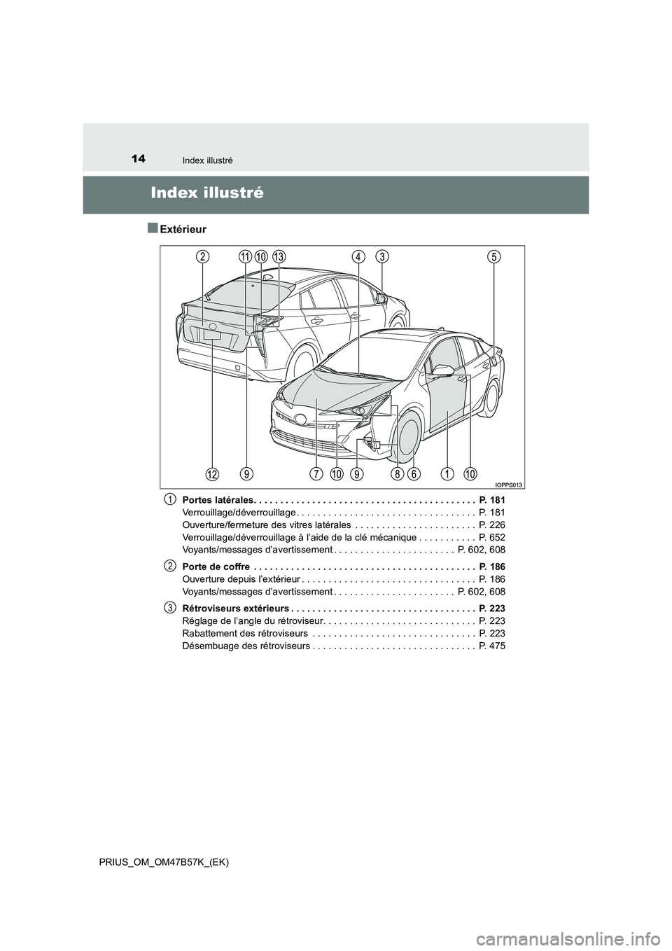 TOYOTA PRIUS 2017 Manuel du propriétaire (in French) 14Index illustré
PRIUS_OM_OM47B57K_(EK)
Index illustré
■Extérieur
Portes latérales. . . . . . . . . . . . . . . . . . . . . . . . . . . . . . . . . . . . . . . . . . P. 181
Verrouillage/déverr TOYOTA PRIUS 2017 Manuel du propriétaire (in French) 14Index illustré
PRIUS_OM_OM47B57K_(EK)
Index illustré
■Extérieur
Portes latérales. . . . . . . . . . . . . . . . . . . . . . . . . . . . . . . . . . . . . . . . . . P. 181
Verrouillage/déverr