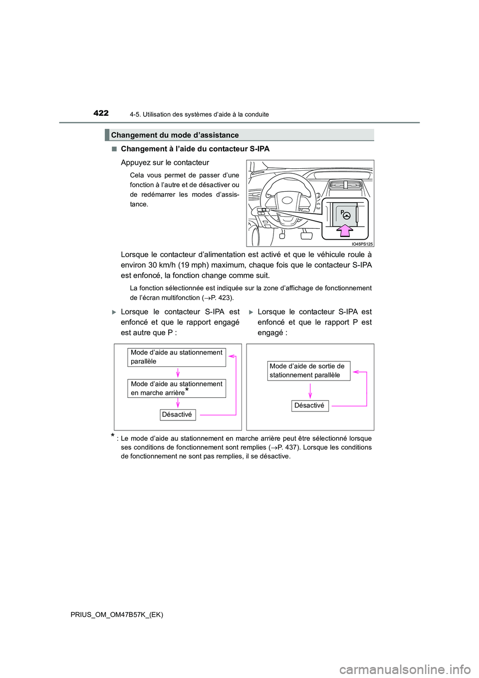 TOYOTA PRIUS 2017 Manuel du propriétaire (in French) 4224-5. Utilisation des systèmes d’aide à la conduite
PRIUS_OM_OM47B57K_(EK)■
Changement à l’aide du contacteur S-IPA
Appuyez sur le contacteur
Cela vous permet de passer d’une
fonction à TOYOTA PRIUS 2017 Manuel du propriétaire (in French) 4224-5. Utilisation des systèmes d’aide à la conduite
PRIUS_OM_OM47B57K_(EK)■
Changement à l’aide du contacteur S-IPA
Appuyez sur le contacteur
Cela vous permet de passer d’une
fonction à