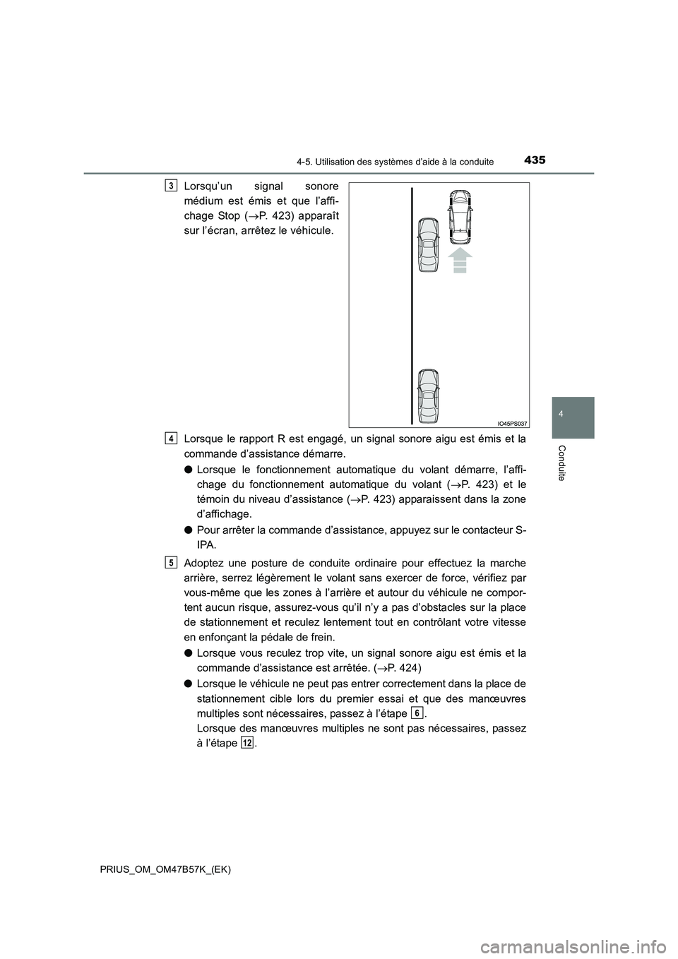 TOYOTA PRIUS 2017 Manuel du propriétaire (in French) 4354-5. Utilisation des systèmes d’aide à la conduite
4
Conduite
PRIUS_OM_OM47B57K_(EK)
Lorsqu’un signal sonore
médium est émis et que l’affi-
chage Stop (→P. 423) apparaît
sur l’écran TOYOTA PRIUS 2017 Manuel du propriétaire (in French) 4354-5. Utilisation des systèmes d’aide à la conduite
4
Conduite
PRIUS_OM_OM47B57K_(EK)
Lorsqu’un signal sonore
médium est émis et que l’affi-
chage Stop (→P. 423) apparaît
sur l’écran