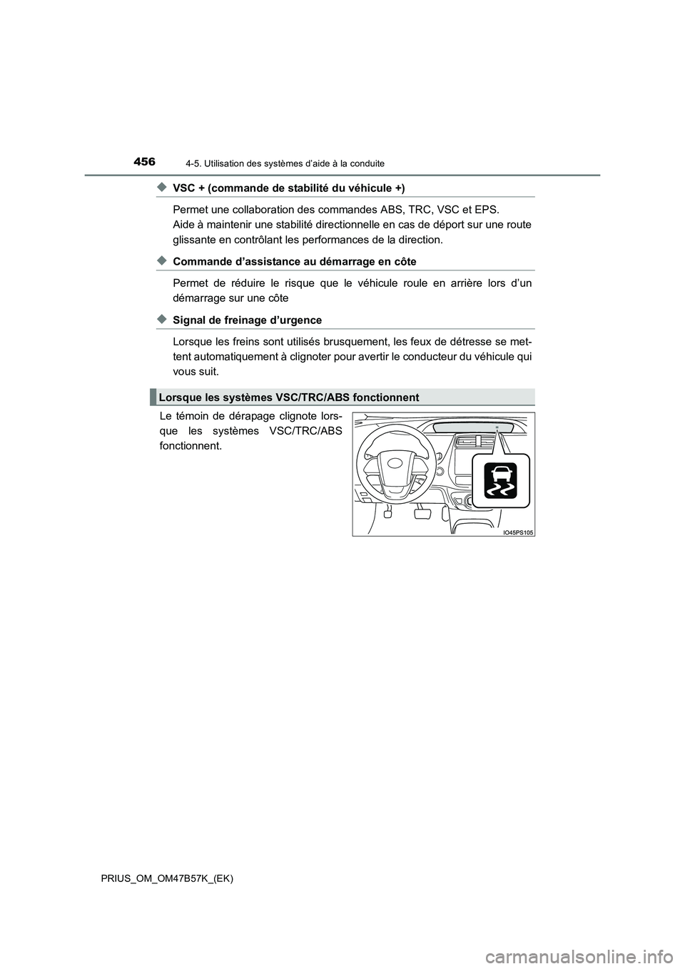 TOYOTA PRIUS 2017  Manuel du propriétaire (in French) 4564-5. Utilisation des systèmes d’aide à la conduite
PRIUS_OM_OM47B57K_(EK)
◆VSC + (commande de stabilité du véhicule +)
Permet une collaboration des commandes ABS, TRC, VSC et EPS. 
Aide à 