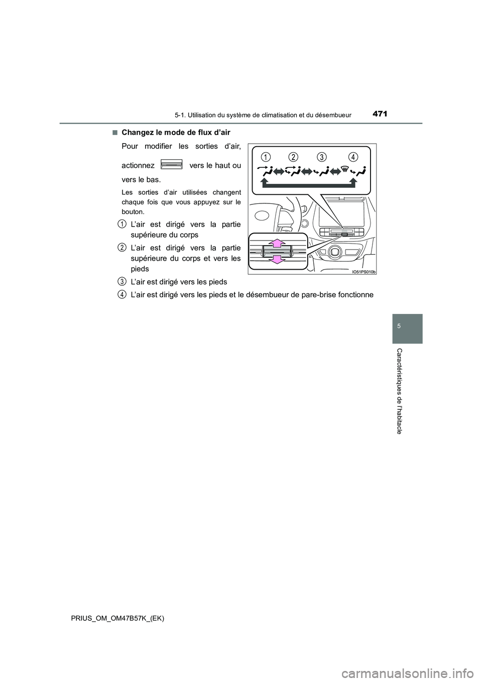 TOYOTA PRIUS 2017  Manuel du propriétaire (in French) 4715-1. Utilisation du système de climatisation et du désembueur
PRIUS_OM_OM47B57K_(EK)
5
Caractéristiques de l’habitacle
■Changez le mode de flux d’air
Pour modifier les sorties d’air,
act