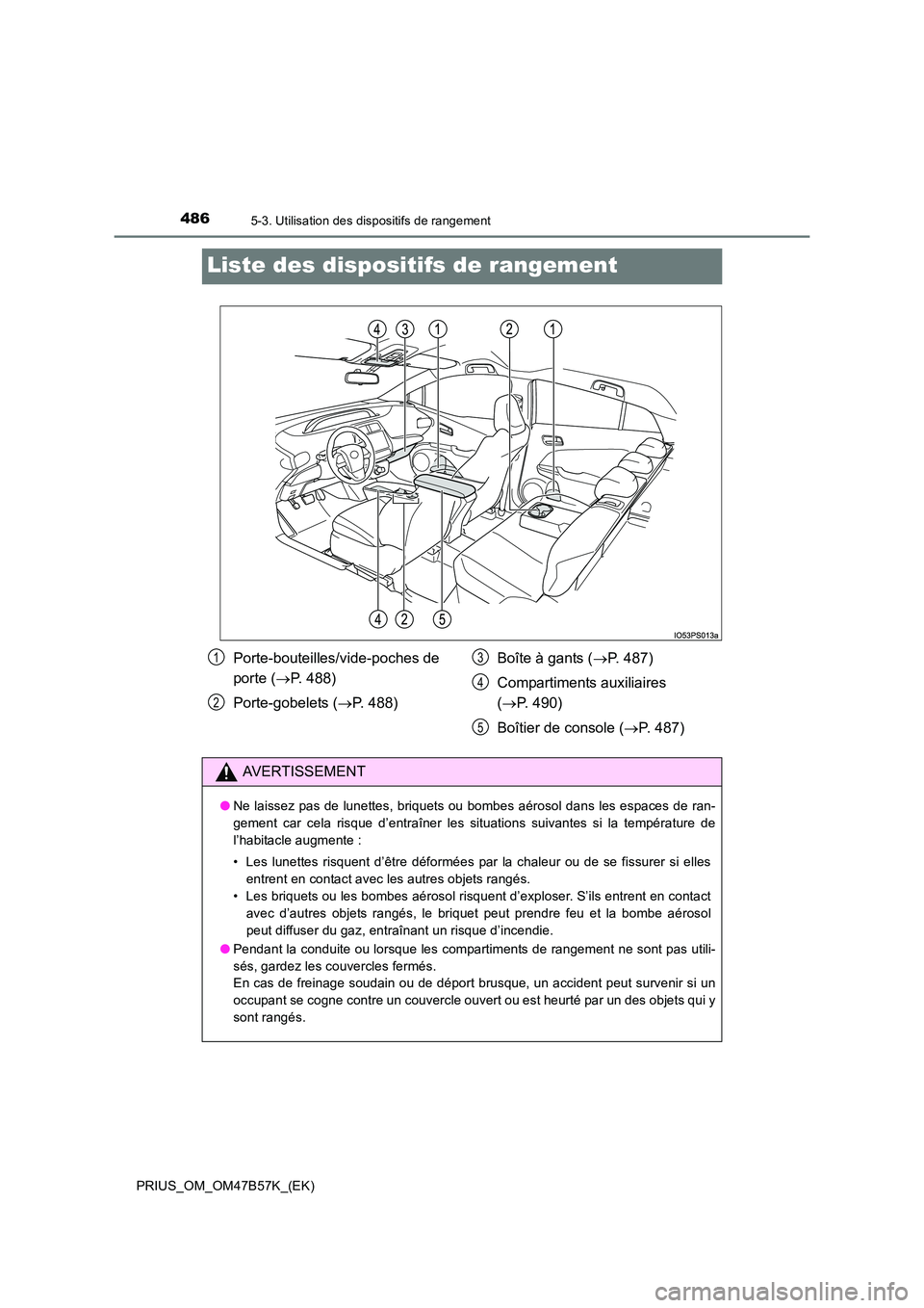 TOYOTA PRIUS 2017  Manuel du propriétaire (in French) 4865-3. Utilisation des dispositifs de rangement
PRIUS_OM_OM47B57K_(EK)
Liste des dispositifs de rangement
Porte-bouteilles/vide-poches de 
porte (→P. 488)
Porte-gobelets ( →P. 488) Boîte à gant