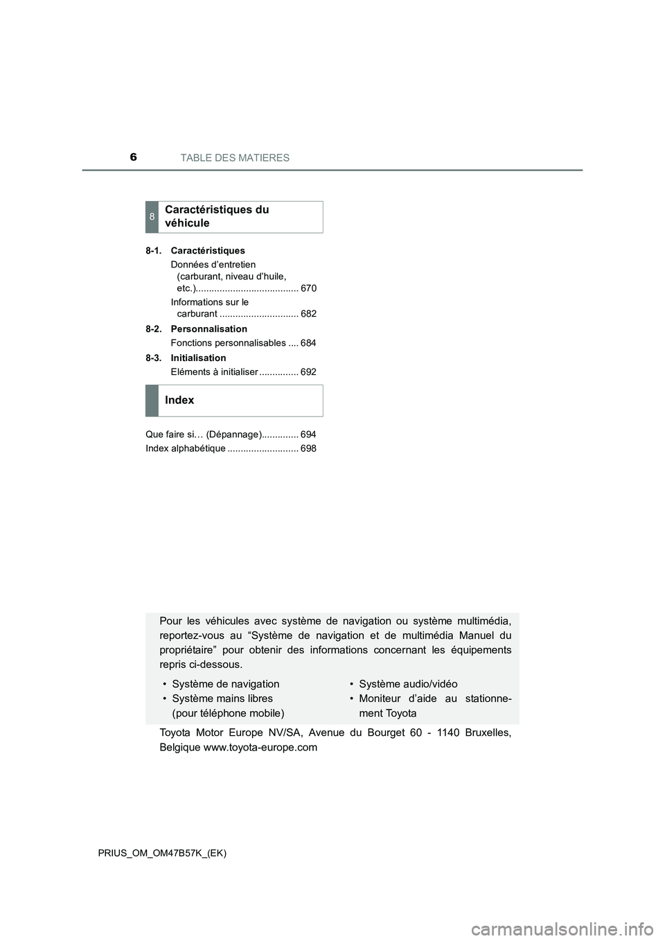 TOYOTA PRIUS 2017  Manuel du propriétaire (in French) TABLE DES MATIERES6
PRIUS_OM_OM47B57K_(EK)8-1. Caractéristiques
Données d’entretien (carburant, niveau d’huile, 
etc.)....................................... 670
Informations sur le  carburant .