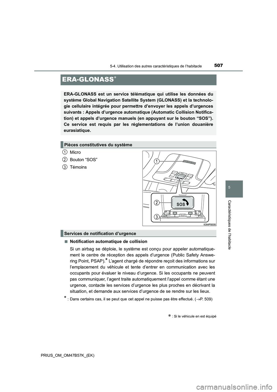 TOYOTA PRIUS 2017 Manuel du propriétaire (in French) 5075-4. Utilisation des autres caractéristiques de l’habitacle
PRIUS_OM_OM47B57K_(EK)
5
Caractéristiques de l’habitacle
ERA-GLONASS∗
Micro
Bouton “SOS”
Témoins
■Notification automatique TOYOTA PRIUS 2017 Manuel du propriétaire (in French) 5075-4. Utilisation des autres caractéristiques de l’habitacle
PRIUS_OM_OM47B57K_(EK)
5
Caractéristiques de l’habitacle
ERA-GLONASS∗
Micro
Bouton “SOS”
Témoins
■Notification automatique