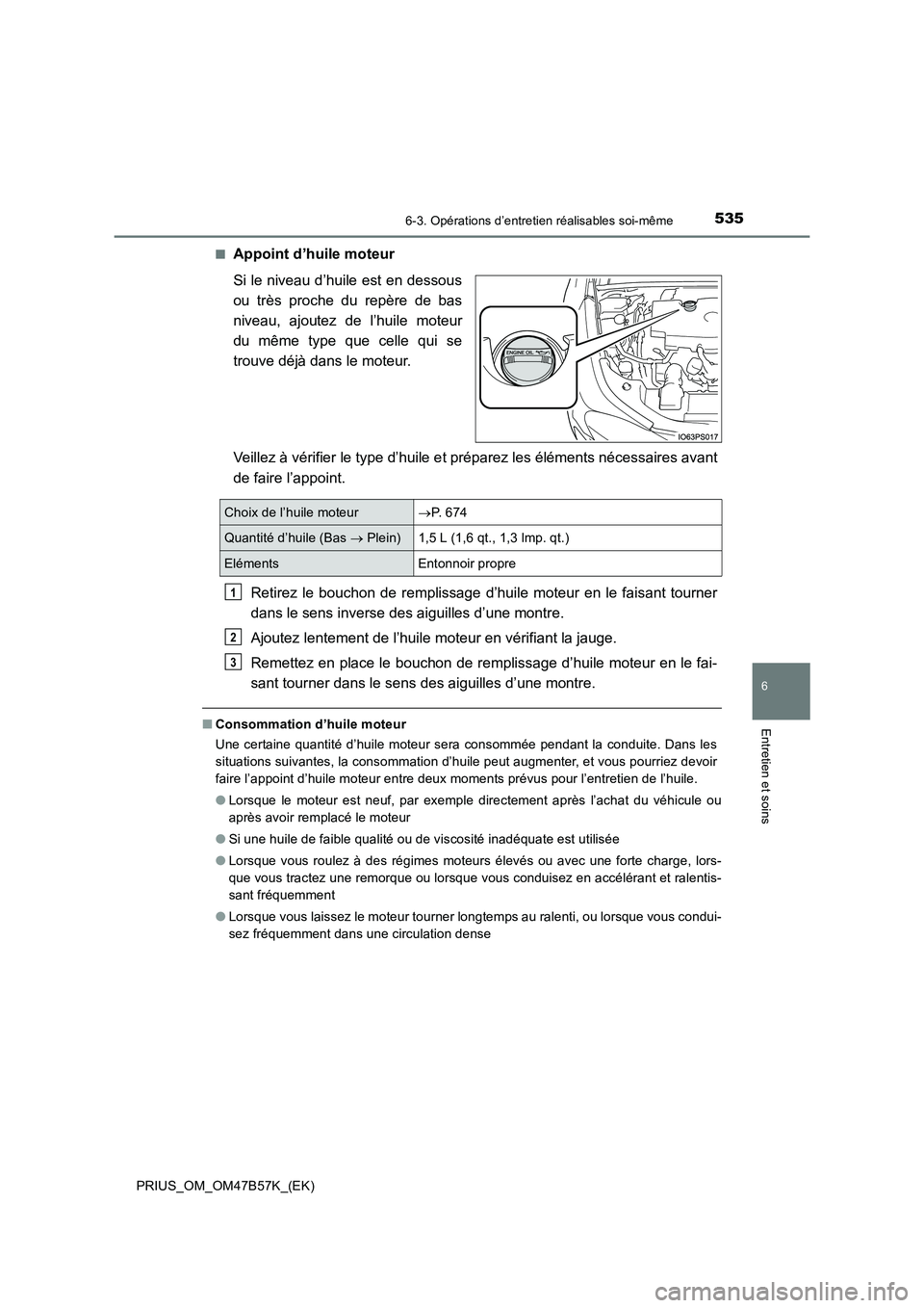 TOYOTA PRIUS 2017 Manuel du propriétaire (in French) 5356-3. Opérations d’entretien réalisables soi-même
PRIUS_OM_OM47B57K_(EK)
6
Entretien et soins
■Appoint d’huile moteur
Si le niveau d’huile est en dessous
ou très proche du repère de bas TOYOTA PRIUS 2017 Manuel du propriétaire (in French) 5356-3. Opérations d’entretien réalisables soi-même
PRIUS_OM_OM47B57K_(EK)
6
Entretien et soins
■Appoint d’huile moteur
Si le niveau d’huile est en dessous
ou très proche du repère de bas