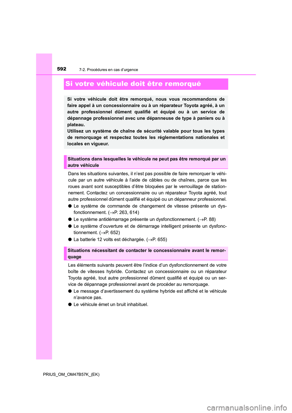 TOYOTA PRIUS 2017 Manuel du propriétaire (in French) 5927-2. Procédures en cas d’urgence
PRIUS_OM_OM47B57K_(EK)
Si votre véhicule doit être remorqué
Dans les situations suivantes, il n’est pas possible de faire remorquer le véhi-
cule par un au TOYOTA PRIUS 2017 Manuel du propriétaire (in French) 5927-2. Procédures en cas d’urgence
PRIUS_OM_OM47B57K_(EK)
Si votre véhicule doit être remorqué
Dans les situations suivantes, il n’est pas possible de faire remorquer le véhi-
cule par un au