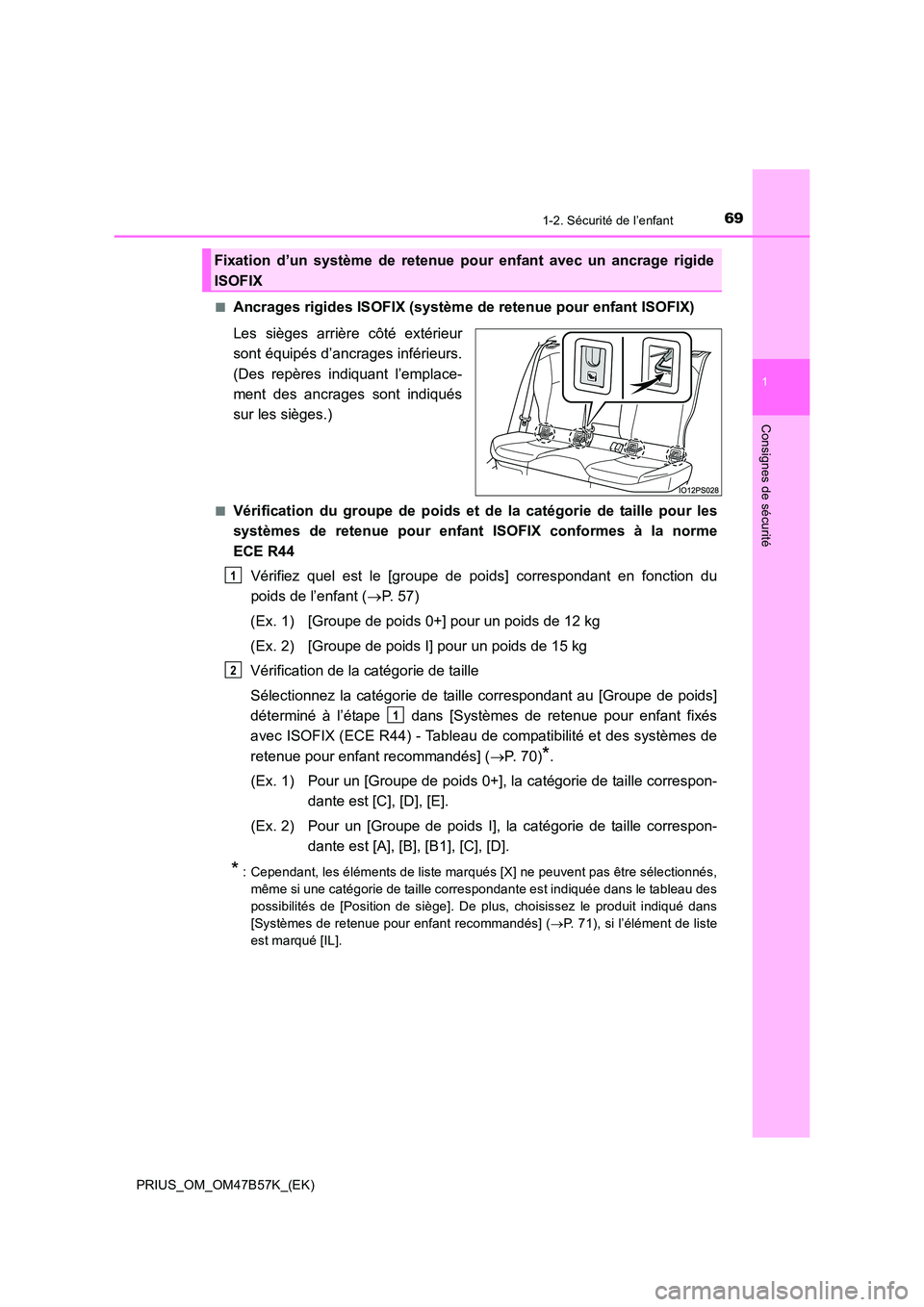 TOYOTA PRIUS 2017 Manuel du propriétaire (in French) 691-2. Sécurité de l’enfant
1
PRIUS_OM_OM47B57K_(EK)
Consignes de sécurité
■Ancrages rigides ISOFIX (système de retenue pour enfant ISOFIX)
Les sièges arrière côté extérieur
sont équip TOYOTA PRIUS 2017 Manuel du propriétaire (in French) 691-2. Sécurité de l’enfant
1
PRIUS_OM_OM47B57K_(EK)
Consignes de sécurité
■Ancrages rigides ISOFIX (système de retenue pour enfant ISOFIX)
Les sièges arrière côté extérieur
sont équip