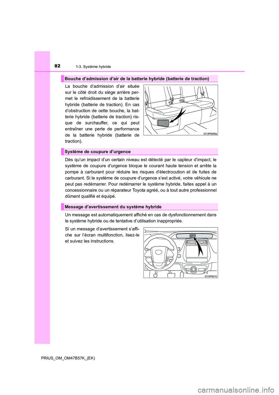 TOYOTA PRIUS 2017 Manuel du propriétaire (in French) 821-3. Système hybride
PRIUS_OM_OM47B57K_(EK)
La bouche d’admission d’air située
sur le côté droit du siège arrière per-
met le refroidissement de la batterie
hybride (batterie de traction). TOYOTA PRIUS 2017 Manuel du propriétaire (in French) 821-3. Système hybride
PRIUS_OM_OM47B57K_(EK)
La bouche d’admission d’air située
sur le côté droit du siège arrière per-
met le refroidissement de la batterie
hybride (batterie de traction).
