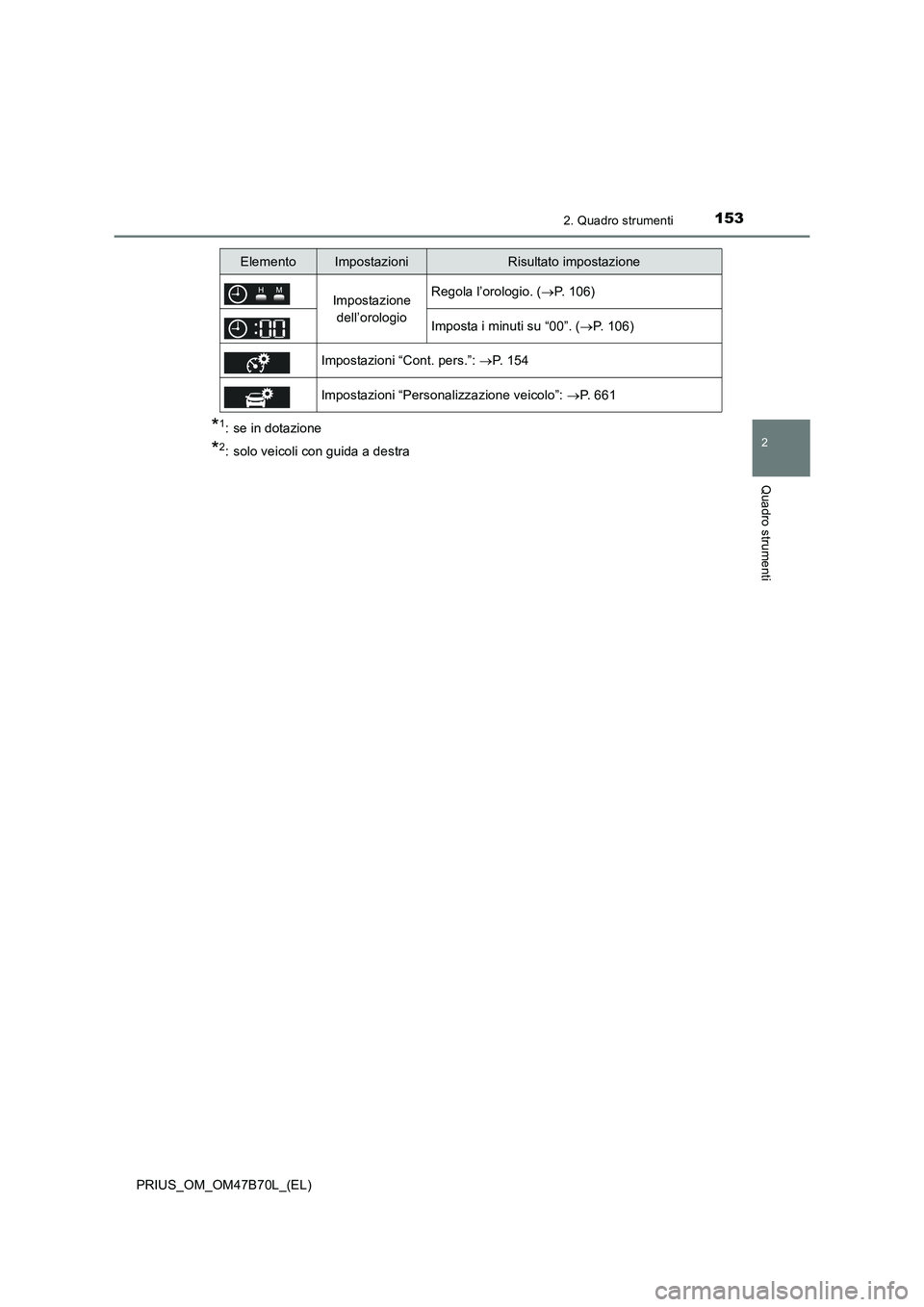 TOYOTA PRIUS 2017  Manuale duso (in Italian) 1532. Quadro strumenti
2
Quadro strumenti
PRIUS_OM_OM47B70L_(EL)
*1: se in dotazione
*2: solo veicoli con guida a destra
Impostazione dell’orologioRegola l’orologio. ( →P. 106)
Imposta i minuti 