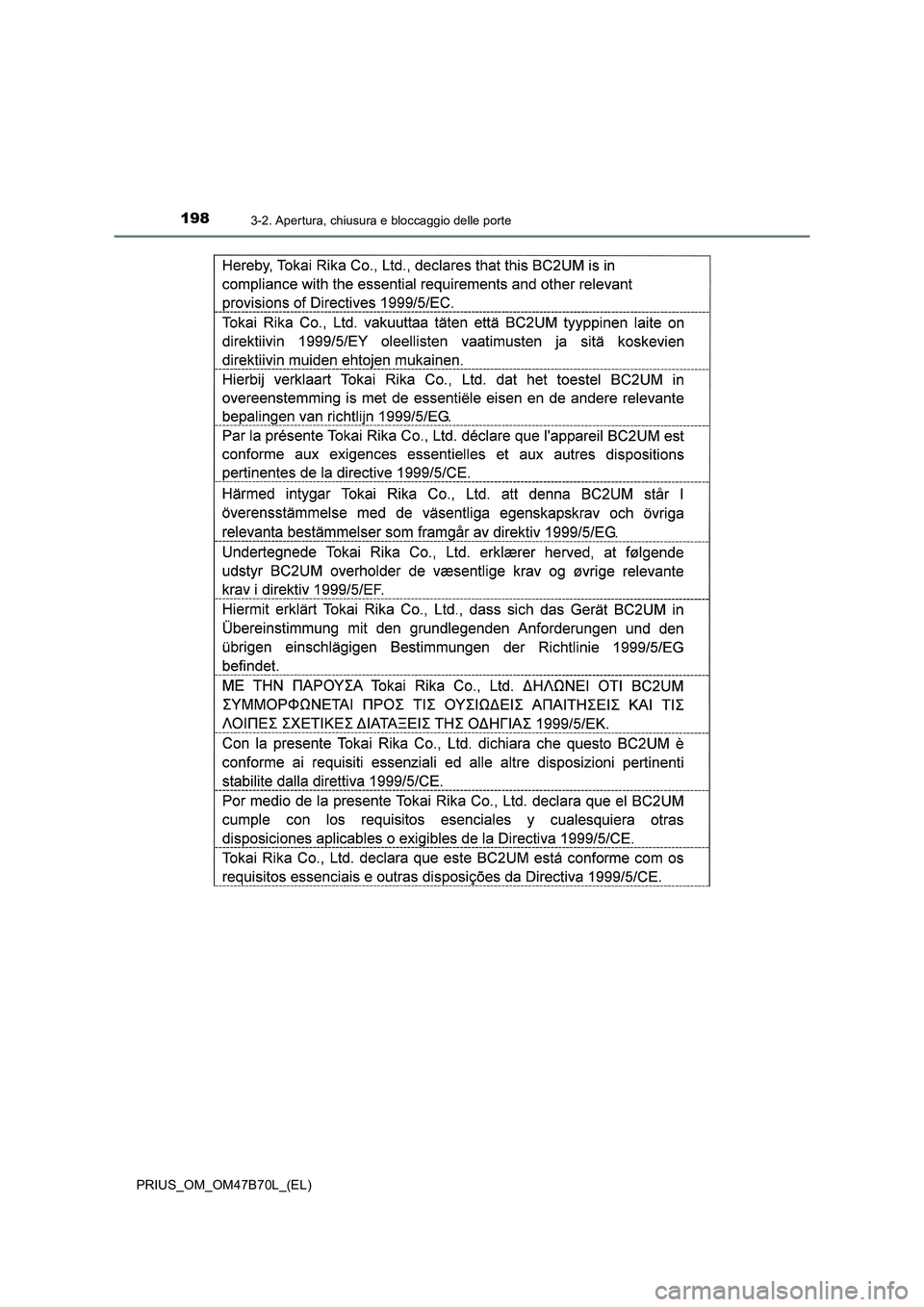 TOYOTA PRIUS 2017  Manuale duso (in Italian) 1983-2. Apertura, chiusura e bloccaggio delle porte
PRIUS_OM_OM47B70L_(EL) 