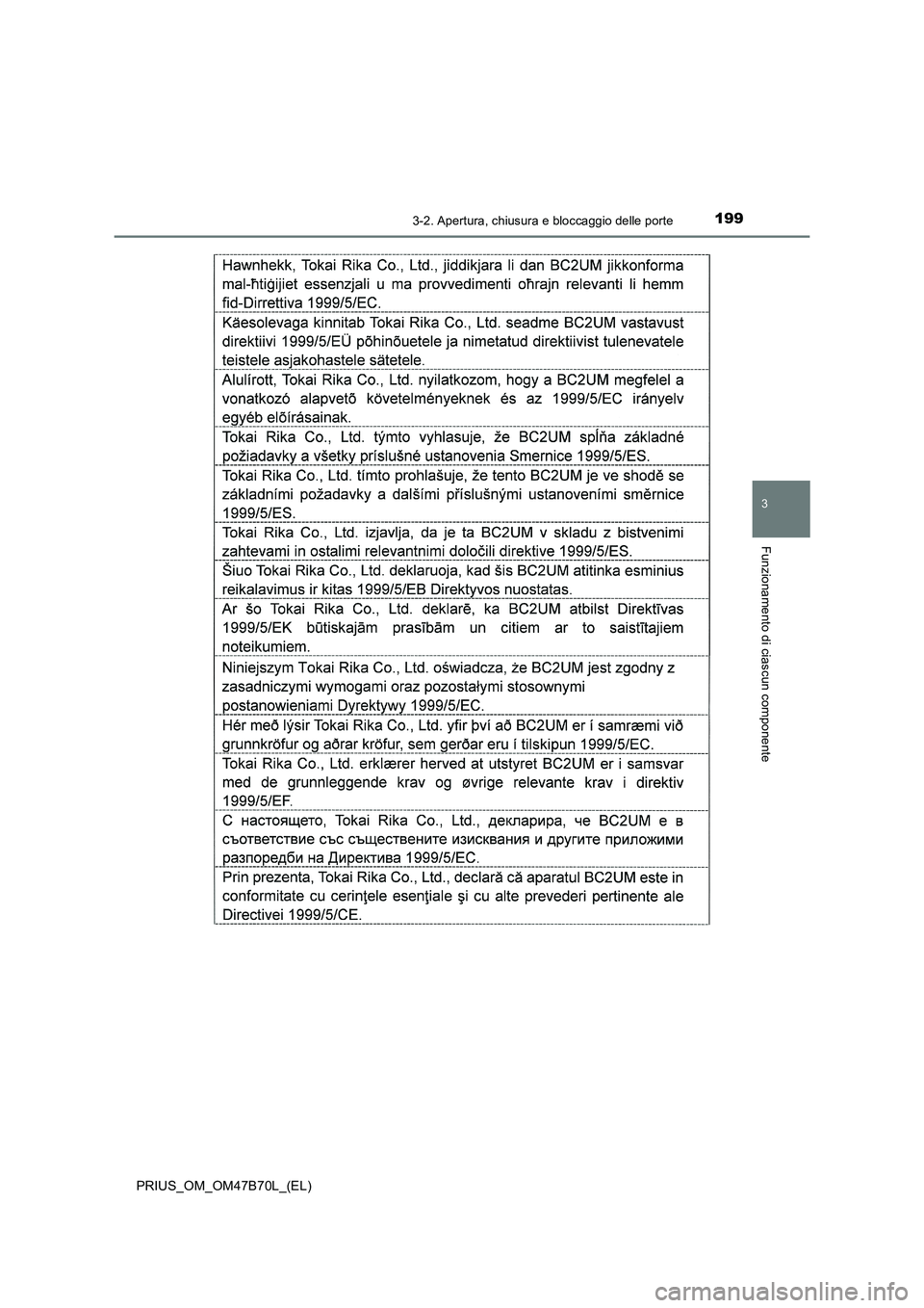 TOYOTA PRIUS 2017  Manuale duso (in Italian) 1993-2. Apertura, chiusura e bloccaggio delle porte
3
Funzionamento di ciascun componente
PRIUS_OM_OM47B70L_(EL) 