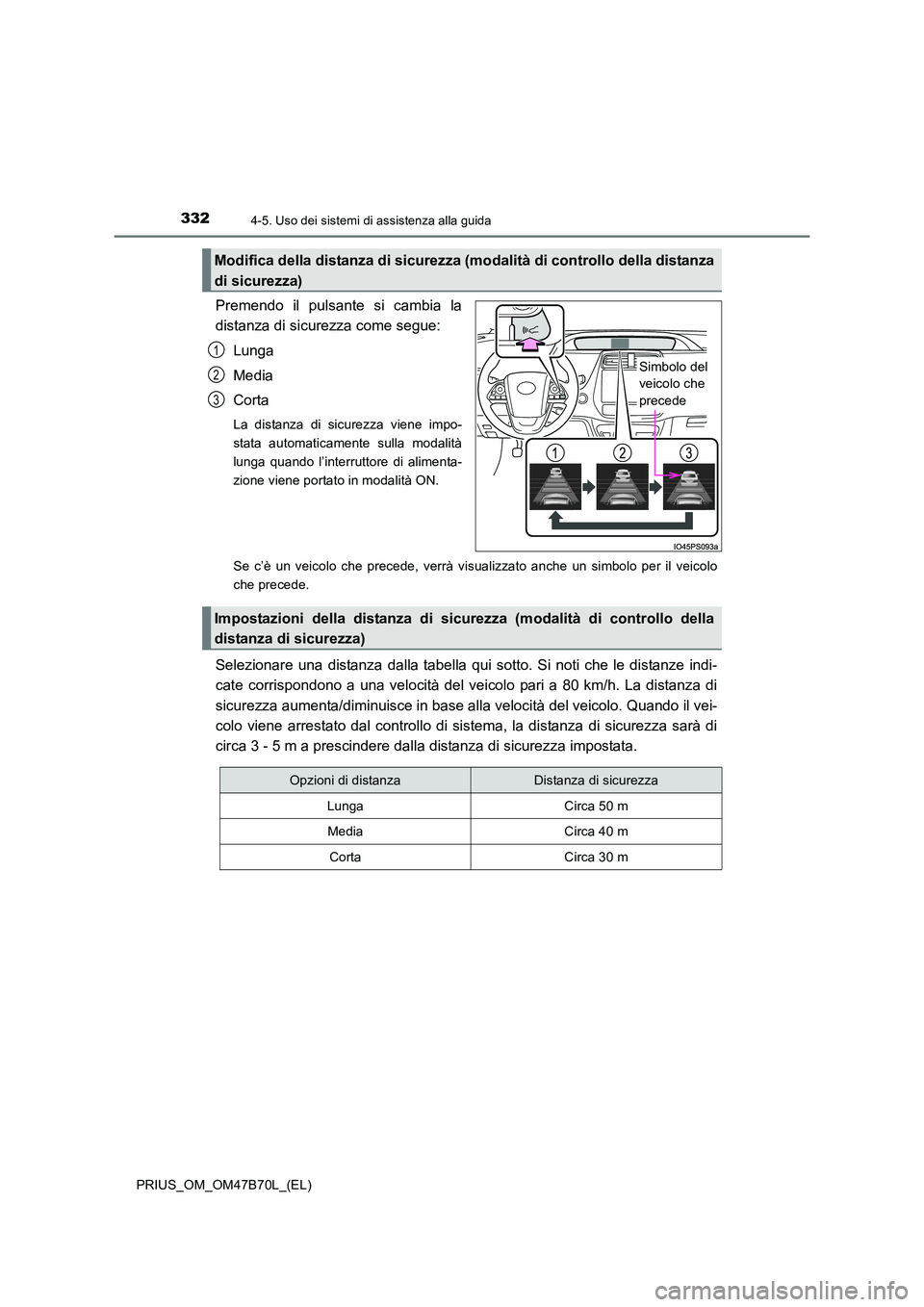 TOYOTA PRIUS 2017  Manuale duso (in Italian) 3324-5. Uso dei sistemi di assistenza alla guida
PRIUS_OM_OM47B70L_(EL)
Premendo il pulsante si cambia la
distanza di sicurezza come segue:Lunga
Media
Corta
La distanza di sicurezza viene impo-
stata 