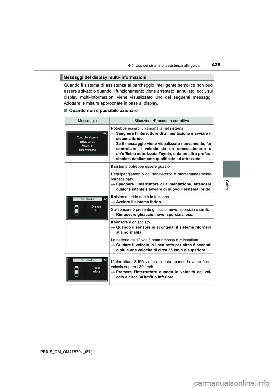 TOYOTA PRIUS 2017  Manuale duso (in Italian) 4294-5. Uso dei sistemi di assistenza alla guida
4
Guida
PRIUS_OM_OM47B70L_(EL)
Quando il sistema di assistenza al parcheggio intelligente semplice non può
essere attivato o quando il funzionamento v