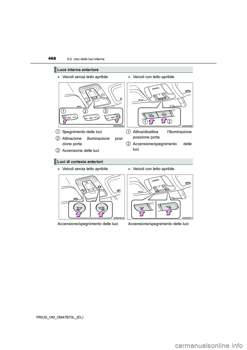 TOYOTA PRIUS 2017  Manuale duso (in Italian) 4685-2. Uso delle luci interne
PRIUS_OM_OM47B70L_(EL)
Luce interna anteriore
�XVeicoli senza tetto apribile�XVeicoli con tetto apribile
Spegnimento delle luci
Attivazione illuminazione posi-
zione por