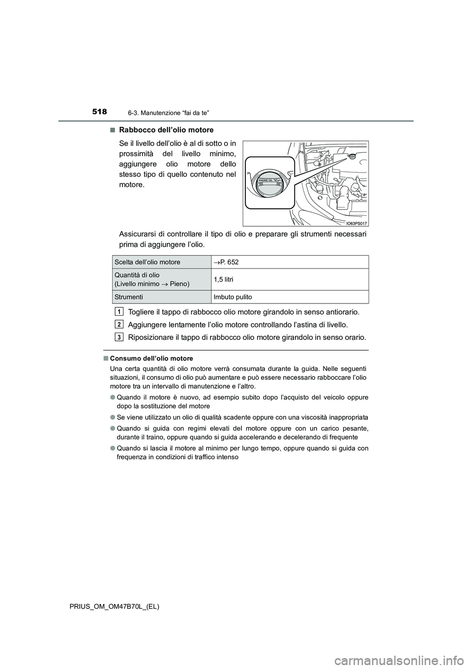 TOYOTA PRIUS 2017  Manuale duso (in Italian) 5186-3. Manutenzione “fai da te”
PRIUS_OM_OM47B70L_(EL)■
Rabbocco dell’olio motore
Se il livello dell’olio è al di sotto o in
prossimità del livello minimo,
aggiungere olio motore dello
st