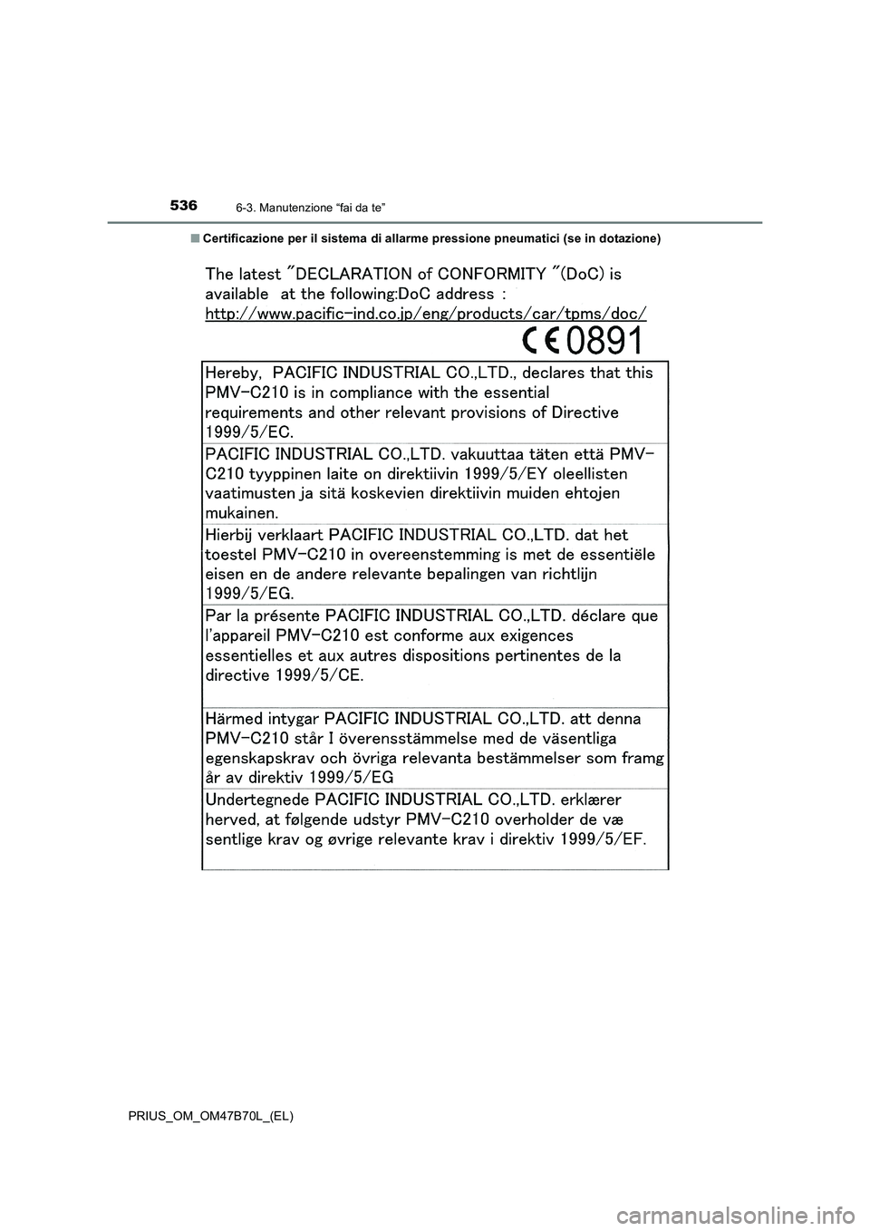 TOYOTA PRIUS 2017  Manuale duso (in Italian) 5366-3. Manutenzione “fai da te”
PRIUS_OM_OM47B70L_(EL)■
Certificazione per il sistema di allarme pressione pneumatici (se in dotazione) 