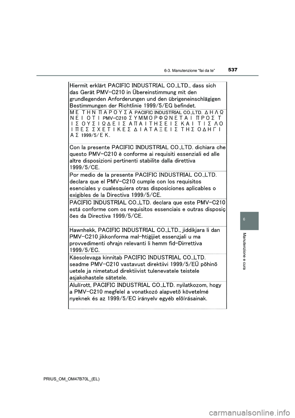 TOYOTA PRIUS 2017  Manuale duso (in Italian) 5376-3. Manutenzione “fai da te”
PRIUS_OM_OM47B70L_(EL)
6
Manutenzione e cura 