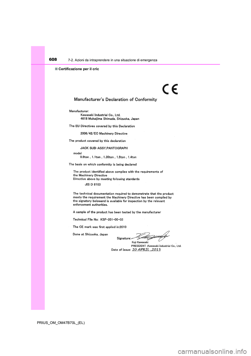 TOYOTA PRIUS 2017  Manuale duso (in Italian) 6087-2. Azioni da intraprendere in una situazione di emergenza
PRIUS_OM_OM47B70L_(EL)■
Certificazione per il cric 