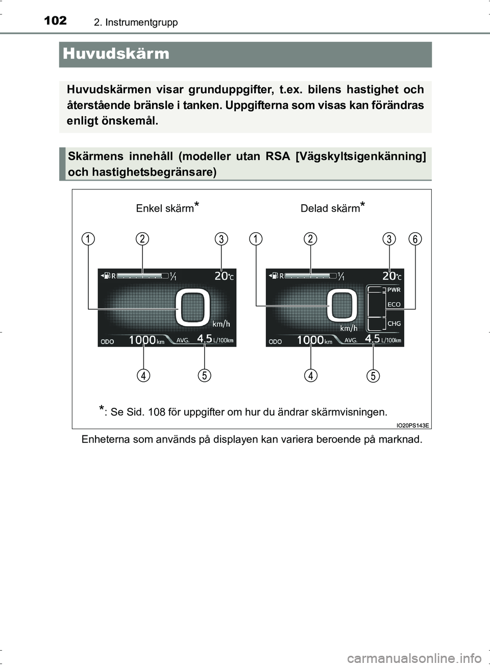 TOYOTA PRIUS 2017  Bruksanvisningar (in Swedish) 1022. Instrumentgrupp
OM47B56SE
Huvudskärm
Enheterna som används på displayen kan variera beroende på marknad.
Huvudskärmen visar grunduppgifter, t.ex. bilens hastighet och
återstående bränsle