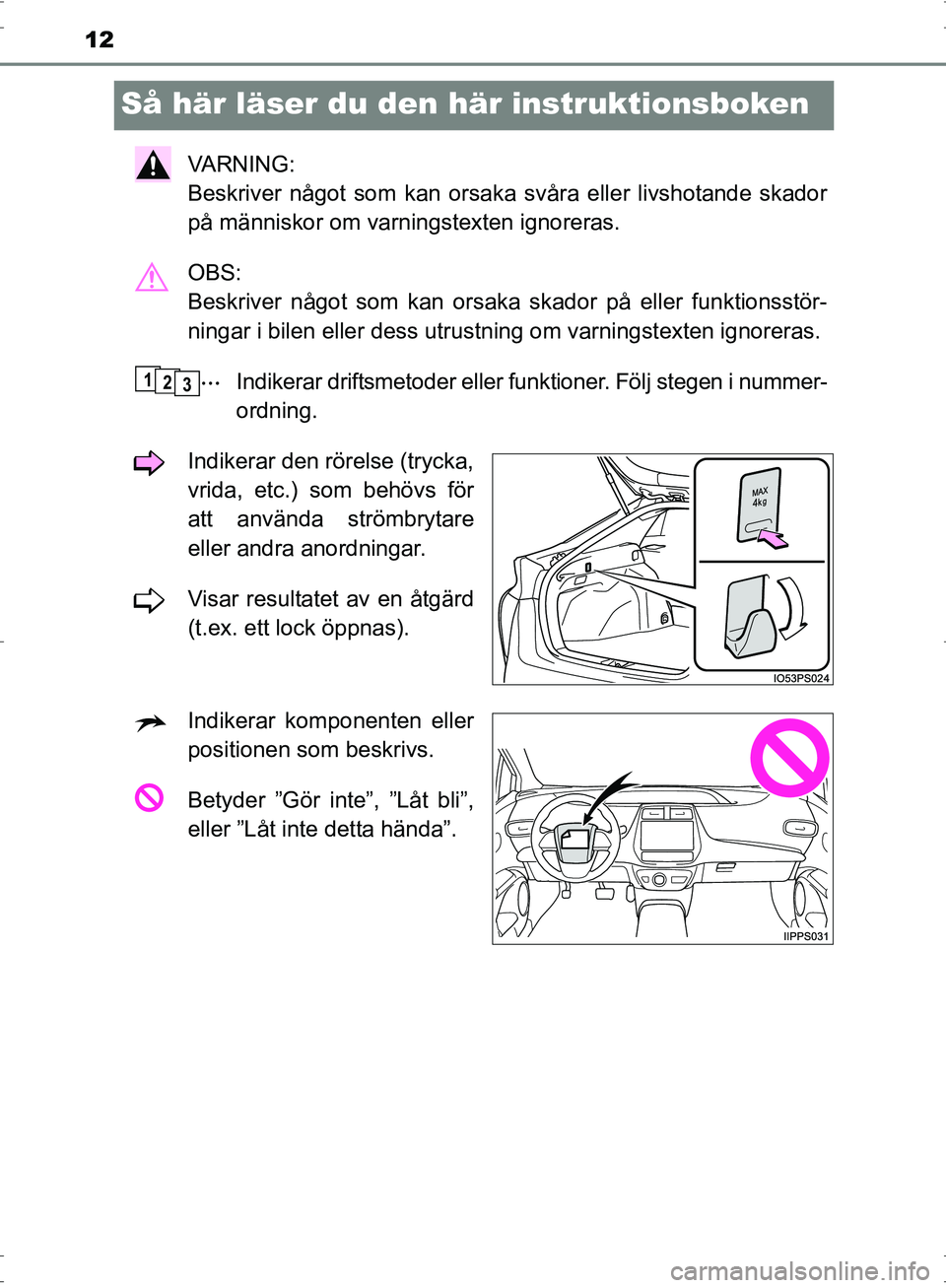 TOYOTA PRIUS 2017  Bruksanvisningar (in Swedish) 12
OM47B56SE
Så här läser du den här instruktionsboken
VA R N I N G :  
Beskriver något som kan orsaka svåra eller livshotande skador
på människor om varningstexten ignoreras.
OBS: 
Beskriver 