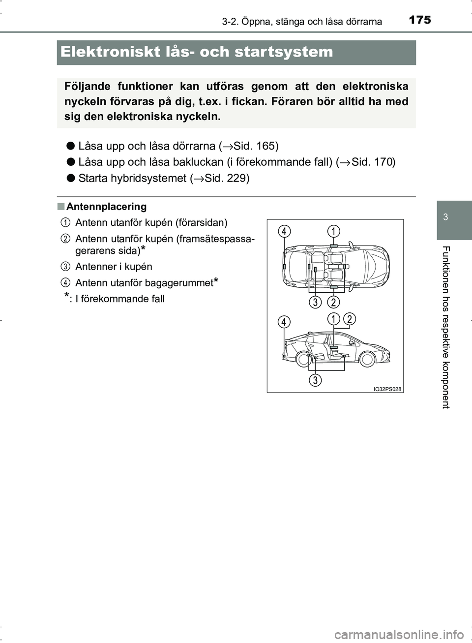 TOYOTA PRIUS 2017  Bruksanvisningar (in Swedish) 175
3
3-2. Öppna, stänga och låsa dörrarna
Funktionen hos respektive komponent
OM47B56SE
Elektroniskt lås- och startsystem
●Låsa upp och låsa dörrarna ( →Sid. 165)
● Låsa upp och låsa 