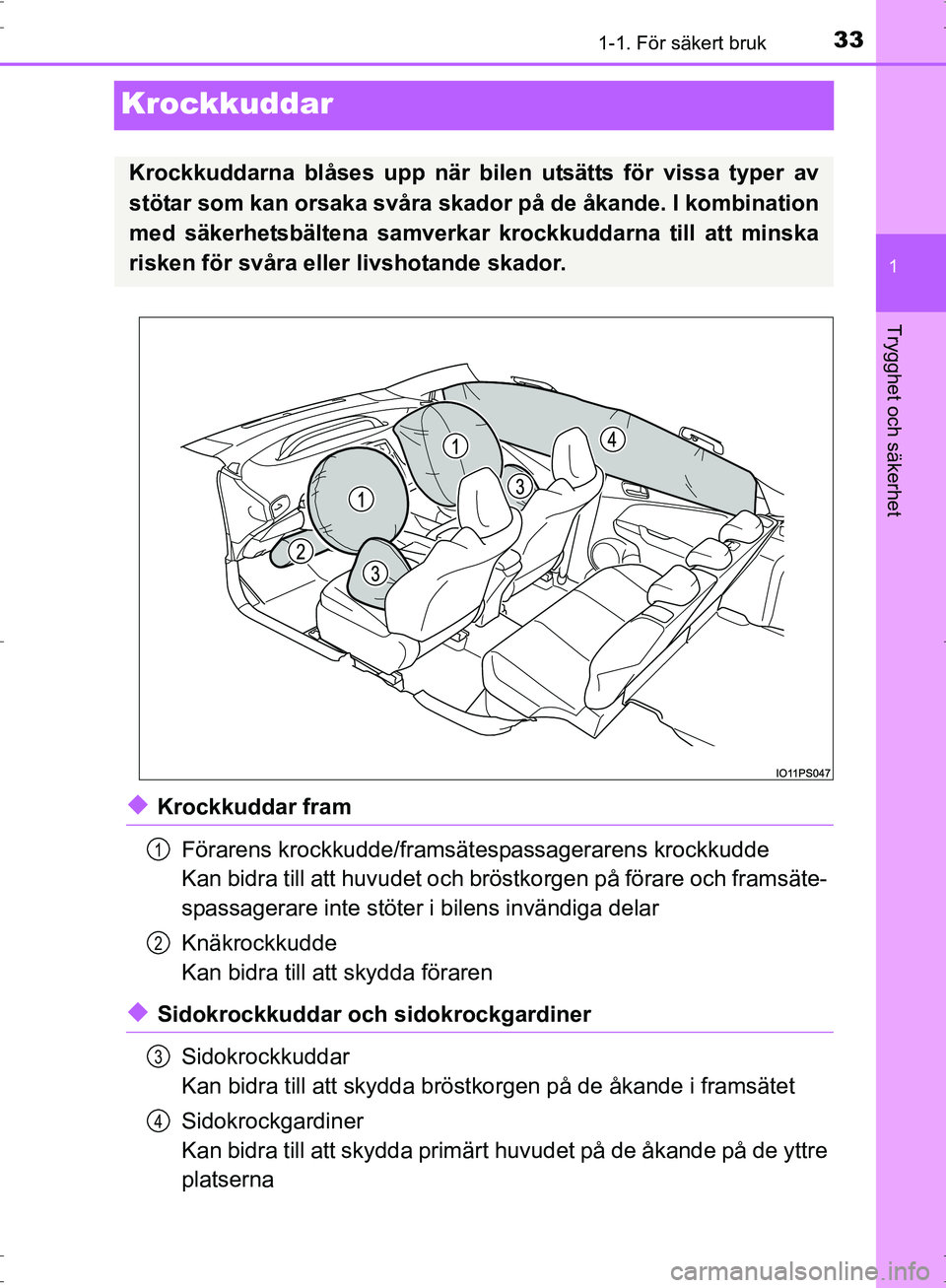 TOYOTA PRIUS 2017  Bruksanvisningar (in Swedish) 331-1. För säkert bruk
1
Trygghet och säkerhet
OM47B56SE
Krockkuddar
◆Krockkuddar framFörarens krockkudde/framsätespassagerarens krockkudde
Kan bidra till att huvudet och brös tkorgen på för