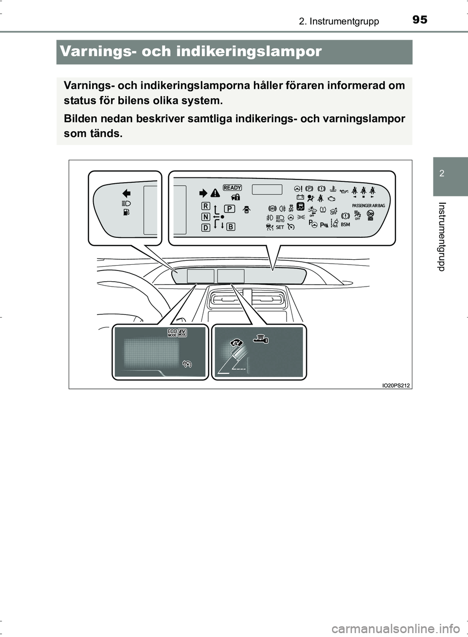 TOYOTA PRIUS 2017  Bruksanvisningar (in Swedish) 95
2
2. Instrumentgrupp
Instrumentgrupp
OM47B56SE
Varnings- och indikeringslampor
Varnings- och indikeringslamporna håller föraren informerad om
status för bilens olika system.
Bilden nedan beskriv