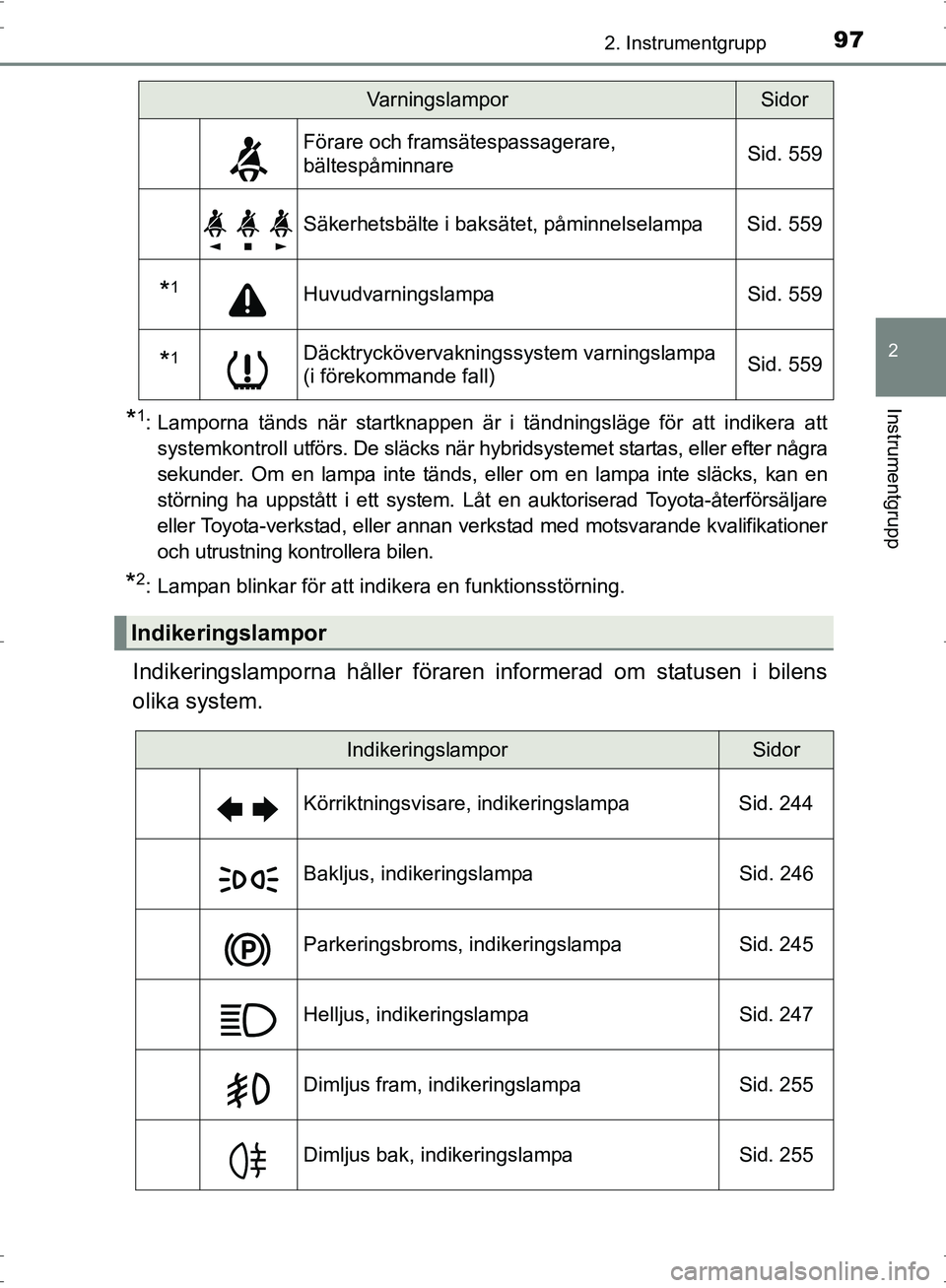 TOYOTA PRIUS 2017  Bruksanvisningar (in Swedish) 972. Instrumentgrupp
2
Instrumentgrupp
OM47B56SE
*1: Lamporna tänds när startknappen är i tändningsläge för att indikera attsystemkontroll utförs. De släcks när hybridsystemet startas, eller 