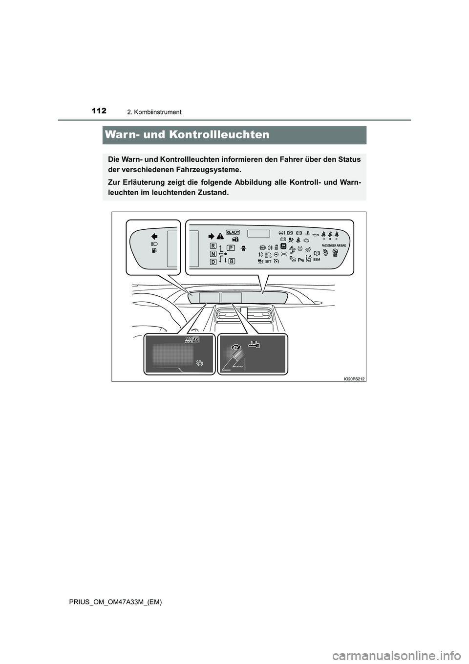 TOYOTA PRIUS 2015  Betriebsanleitungen (in German) 1122. Kombiinstrument
PRIUS_OM_OM47A33M_(EM)
War n- und Kontrollleuchten
Die Warn- und Kontrollleuchten informieren den Fahrer über den Status
der verschiedenen Fahrzeugsysteme.
Zur Erläuterung zeig