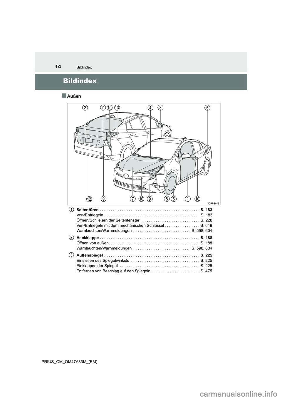 TOYOTA PRIUS 2015 Betriebsanleitungen (in German) 14Bildindex
PRIUS_OM_OM47A33M_(EM)
Bildindex
■Außen
Seitentüren . . . . . . . . . . . . . . . . . . . . . . . . . . . . . . . . . . . . . . . . . . . . . S. 183
Ver-/Entriegeln . . . . . . . . . . TOYOTA PRIUS 2015 Betriebsanleitungen (in German) 14Bildindex
PRIUS_OM_OM47A33M_(EM)
Bildindex
■Außen
Seitentüren . . . . . . . . . . . . . . . . . . . . . . . . . . . . . . . . . . . . . . . . . . . . . S. 183
Ver-/Entriegeln . . . . . . . . . .