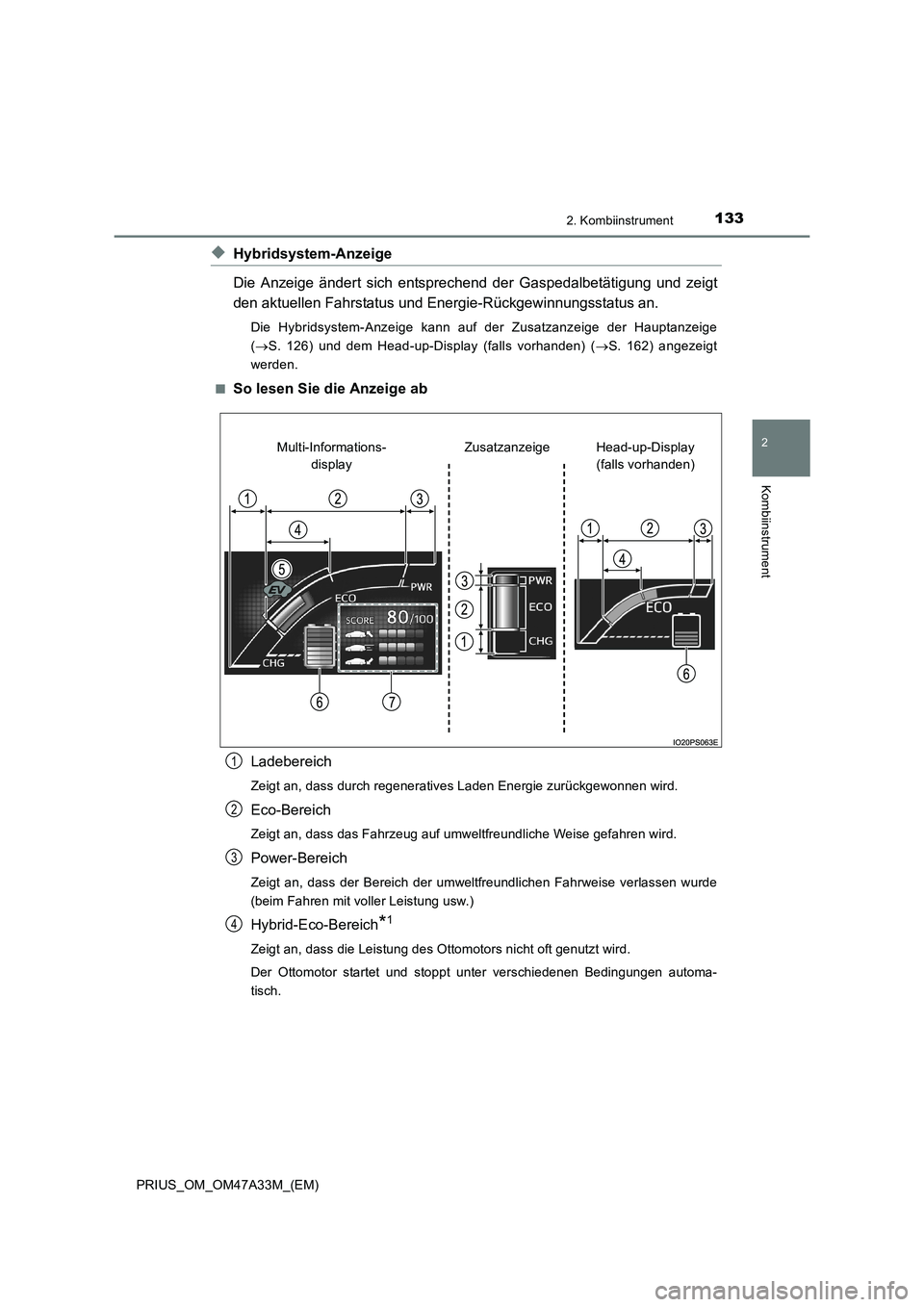 TOYOTA PRIUS 2015  Betriebsanleitungen (in German) 1332. Kombiinstrument
2
Kombiinstrument
PRIUS_OM_OM47A33M_(EM)
◆Hybridsystem-Anzeige
Die Anzeige ändert sich entsprechend der Gaspedalbetätigung und zeigt
den aktuellen Fahrstatus und Energie-Rüc