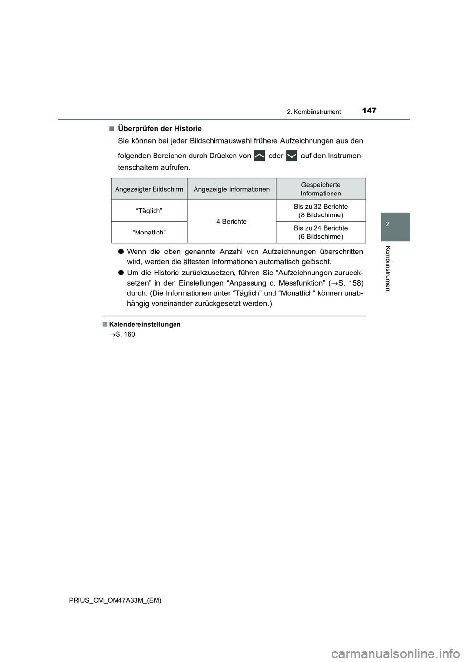 TOYOTA PRIUS 2015  Betriebsanleitungen (in German) 1472. Kombiinstrument
2
Kombiinstrument
PRIUS_OM_OM47A33M_(EM)■
Überprüfen der Historie
Sie können bei jeder Bildschirmauswahl frühere Aufzeichnungen aus den
folgenden Bereichen durch Drücken v