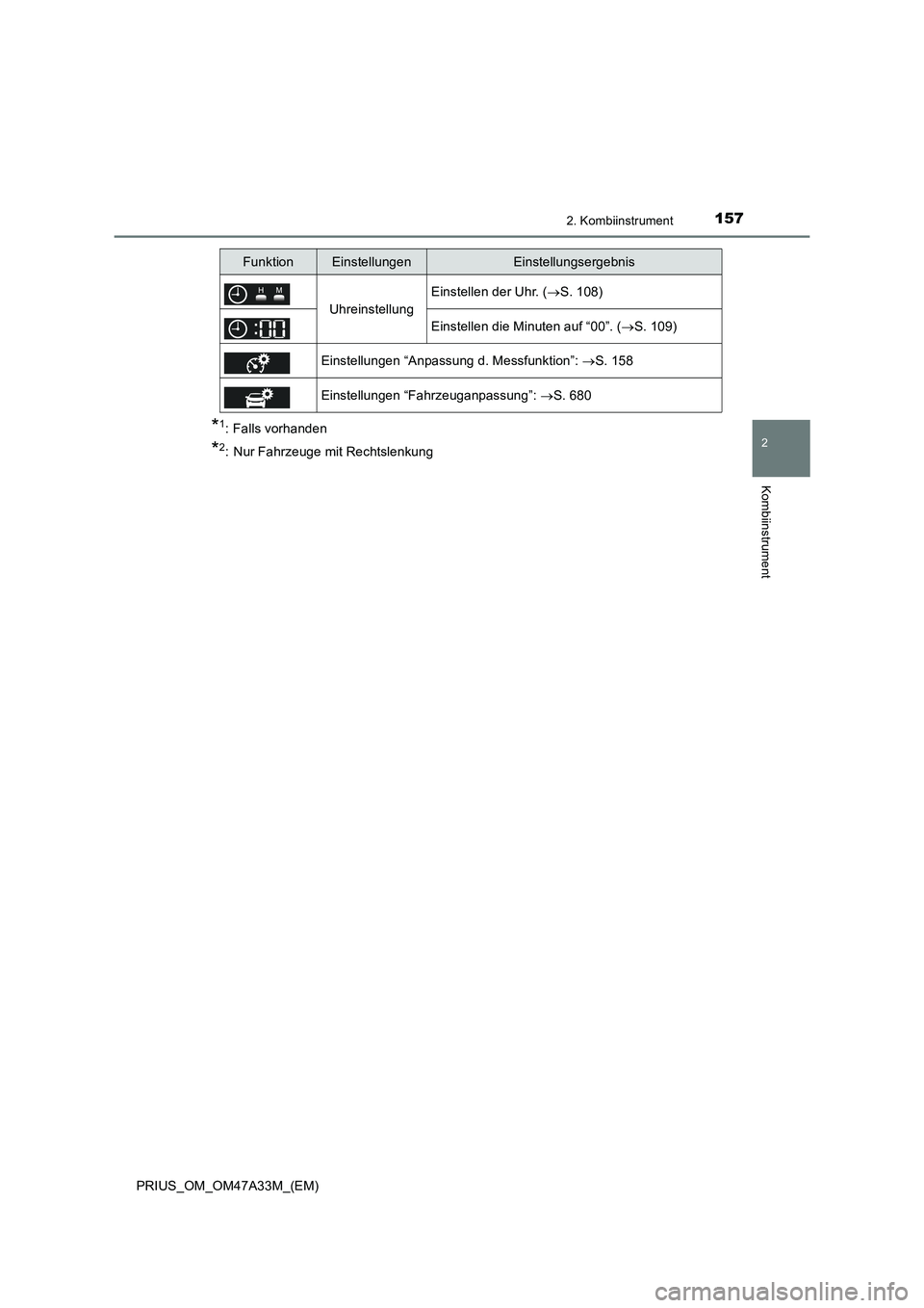 TOYOTA PRIUS 2015  Betriebsanleitungen (in German) 1572. Kombiinstrument
2
Kombiinstrument
PRIUS_OM_OM47A33M_(EM)
*1: Falls vorhanden
*2: Nur Fahrzeuge mit Rechtslenkung
Uhreinstellung
Einstellen der Uhr. (→S. 108)
Einstellen die Minuten auf “00