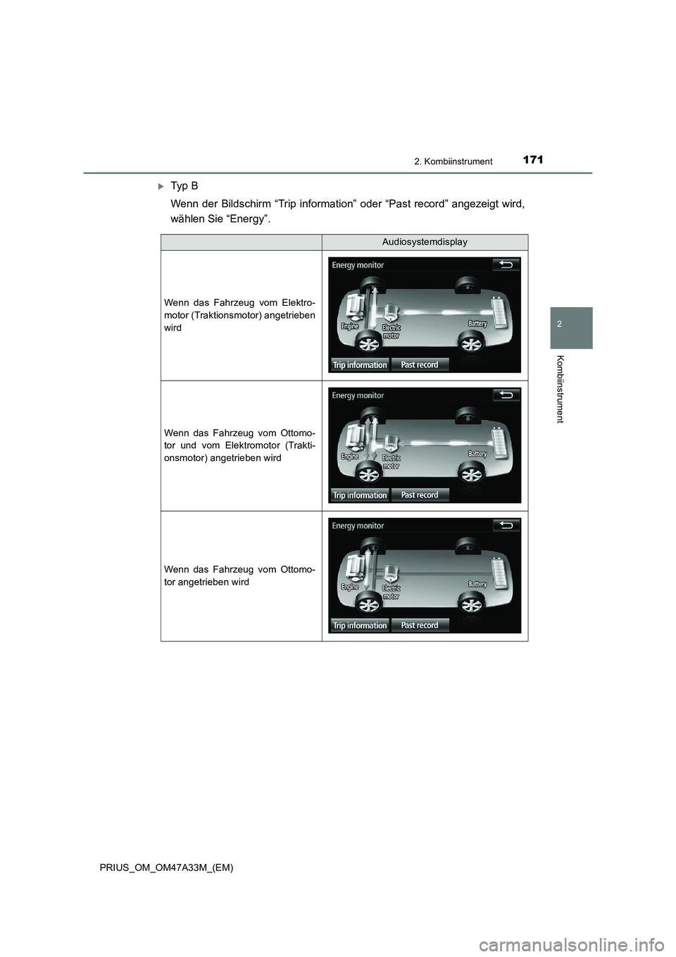TOYOTA PRIUS 2015  Betriebsanleitungen (in German) 1712. Kombiinstrument
2
Kombiinstrument
PRIUS_OM_OM47A33M_(EM)
�XTy p  B
Wenn der Bildschirm “Trip information” oder “Past record” angezeigt wird,
wählen Sie “Energy”.
Audiosystemdisplay
