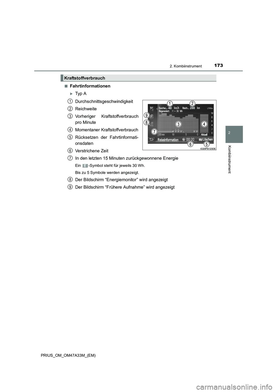 TOYOTA PRIUS 2015  Betriebsanleitungen (in German) 1732. Kombiinstrument
2
Kombiinstrument
PRIUS_OM_OM47A33M_(EM)■
Fahrtinformationen
�XTyp  A
Durchschnittsgeschwindigkeit
Reichweite
Vorheriger Kraftstoffverbrauch
pro Minute
Momentaner Kraftstoffver