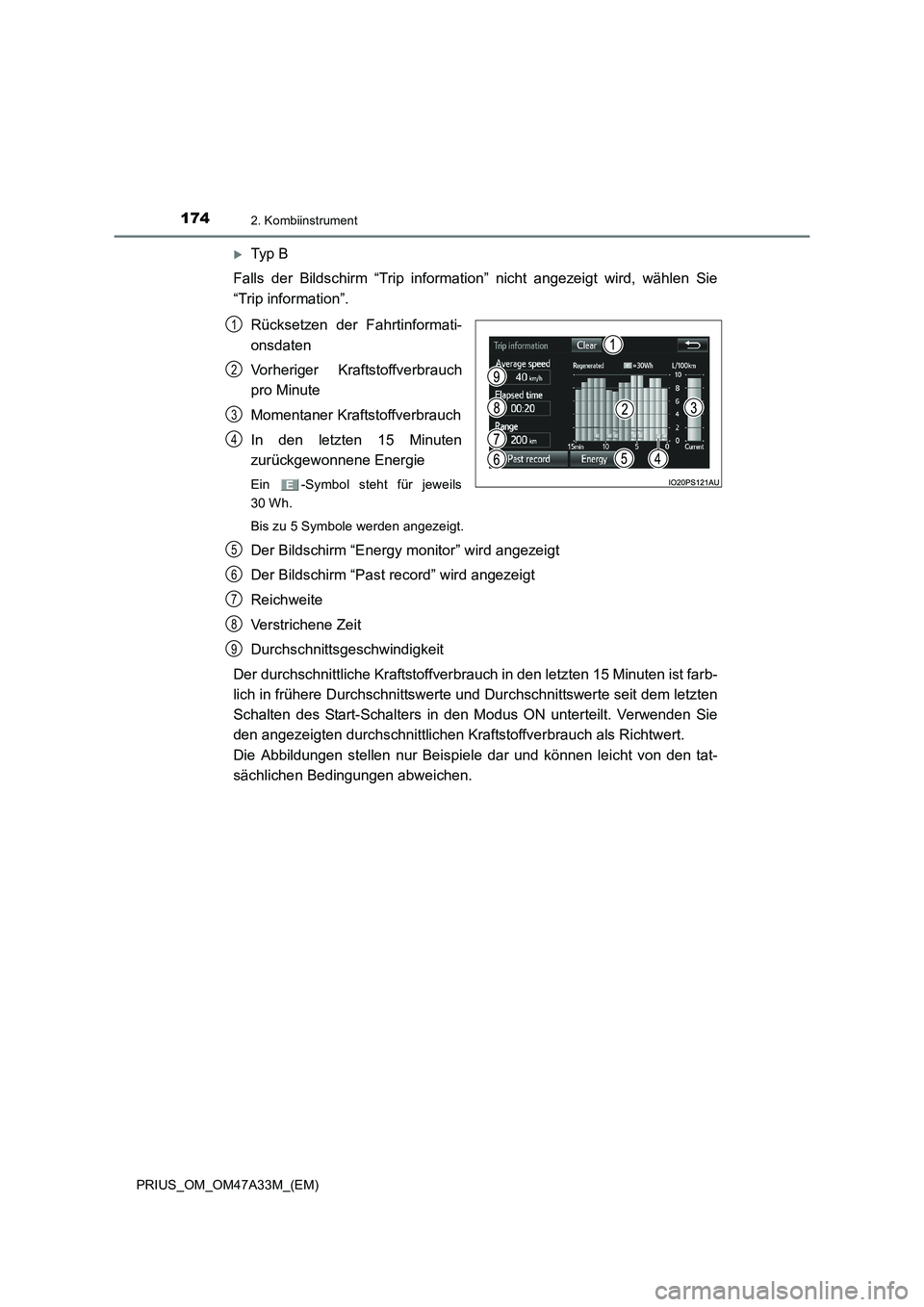 TOYOTA PRIUS 2015  Betriebsanleitungen (in German) 1742. Kombiinstrument
PRIUS_OM_OM47A33M_(EM)
�XTyp  B
Falls der Bildschirm “Trip information” nicht angezeigt wird, wählen Sie
“Trip information”.
Rücksetzen der Fahrtinformati-
onsdaten
Vor
